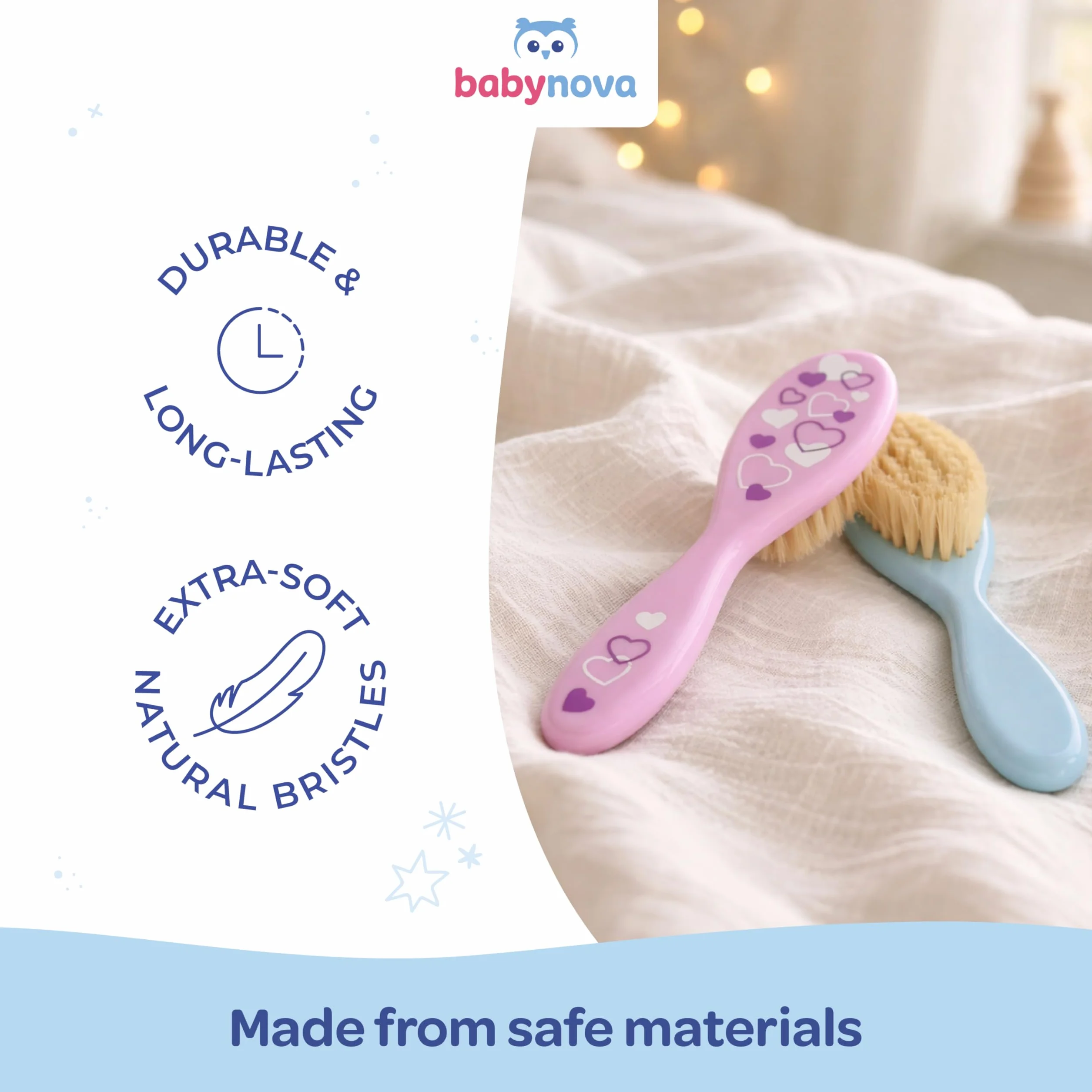 babynova Spazzola per bambini con setole naturali - Setole naturali extra morbide per la cura dei capelli di neonati e bambini piccoli - Spazzolatura delicata per cuoio capelluto sensibile - Rosa