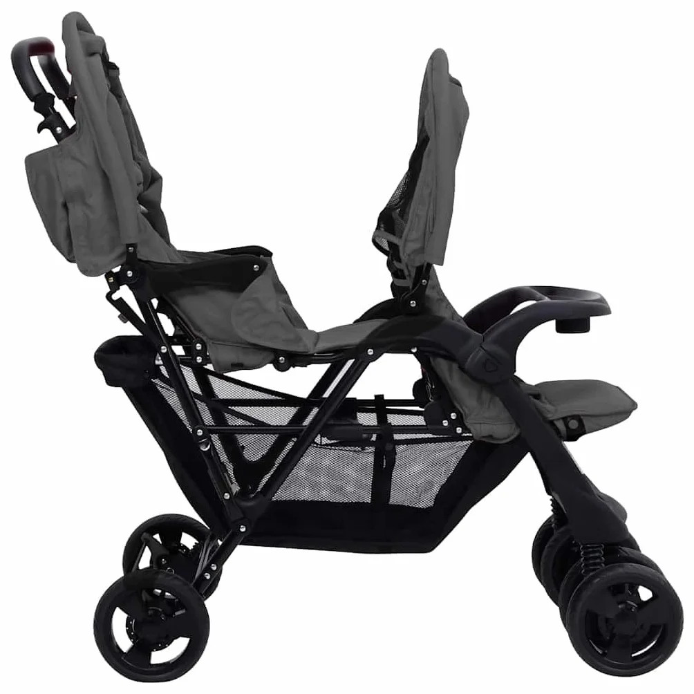 vidaXL Passeggino Gemellare a Tandem Grigio Scuro in Acciaio