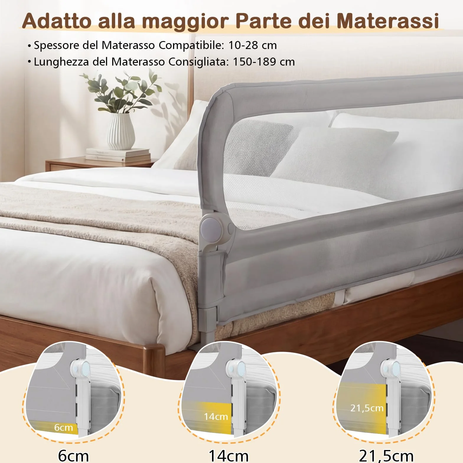 COSTWAY Sponda Letto per Bambini 80/120/150/180/200 cm, Barriera di Sicurezza per Neonati, Altezza Regolabile a 3 Livelli, Barriera Letto Pieghevole, con Cinghia di Sicurezza (200 cm,Grigio)