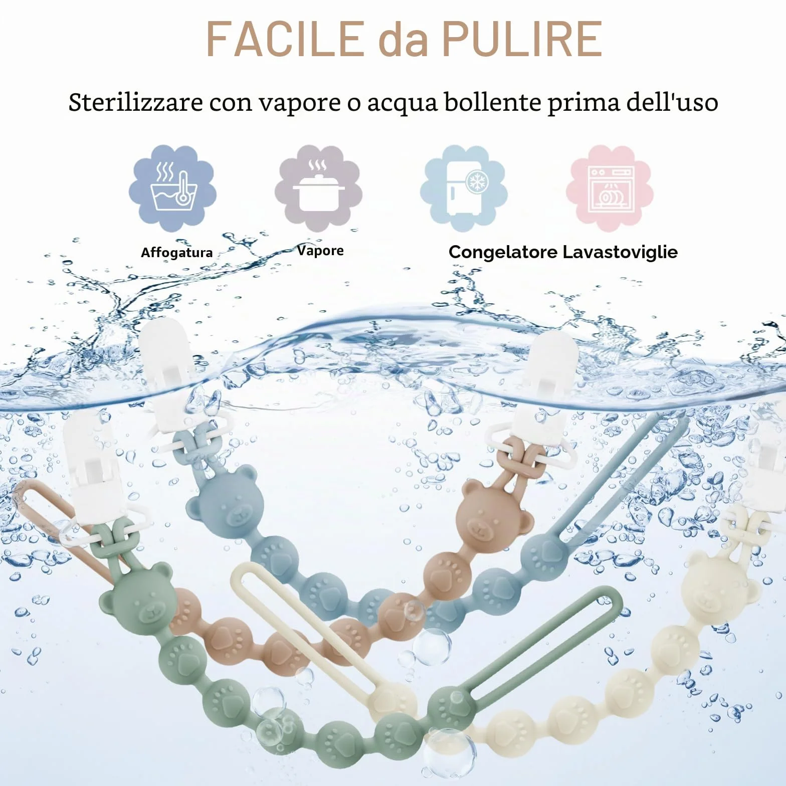 Confezione da 4 catenelle per ciuccio, in silicone con clip di sicurezza, per ragazzi e ragazze, Pacifier Chain e clip per ciuccio, facile da pulire, catene per ciuccio per passeggini e