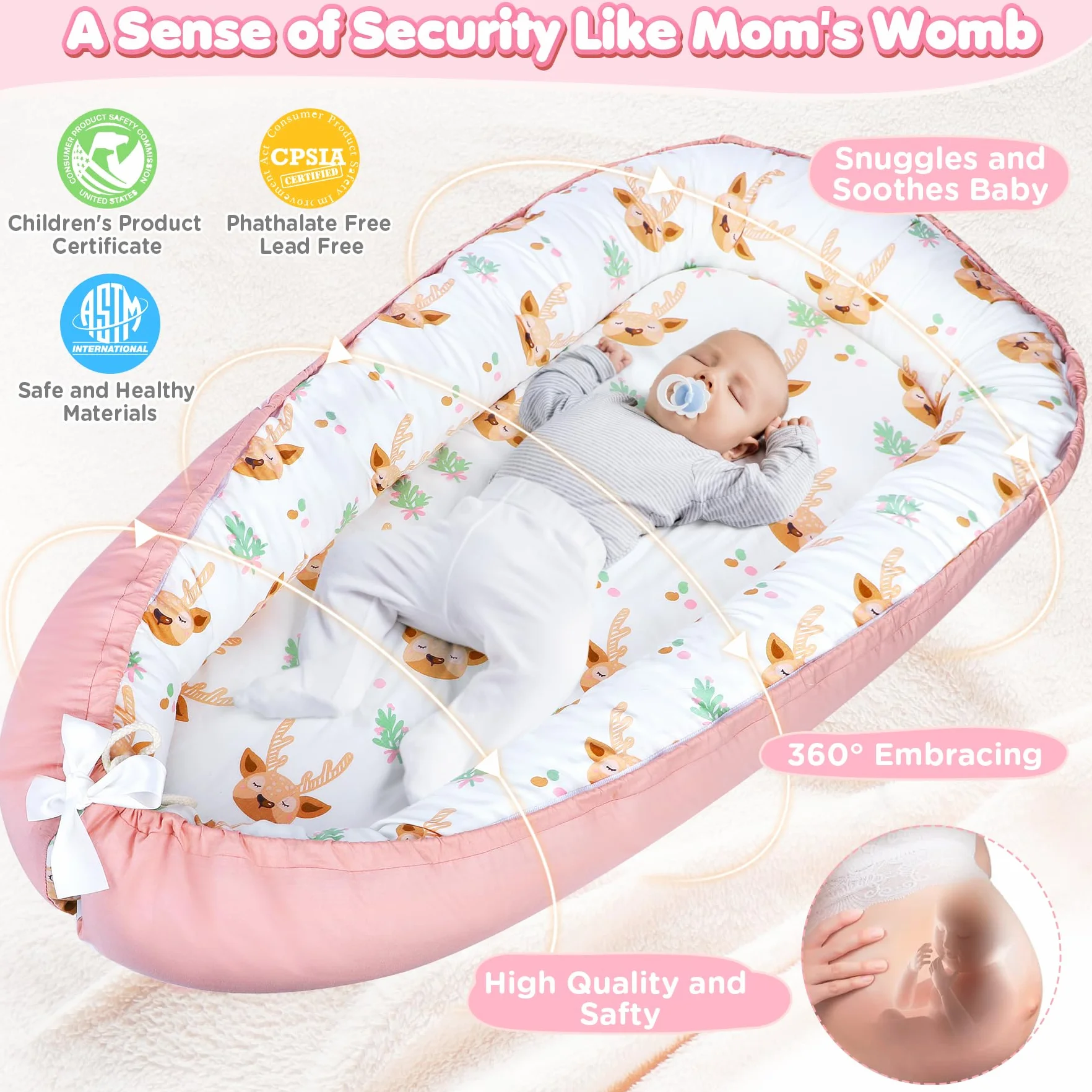 URMYWO Riduttore Lettino Neonato 90x55 cm Cuscino Doppia Faccia Riduttore per Culla Neonato in Cotone 100% Puro Fatto a Mano per Massimo Comfort (Rosa)