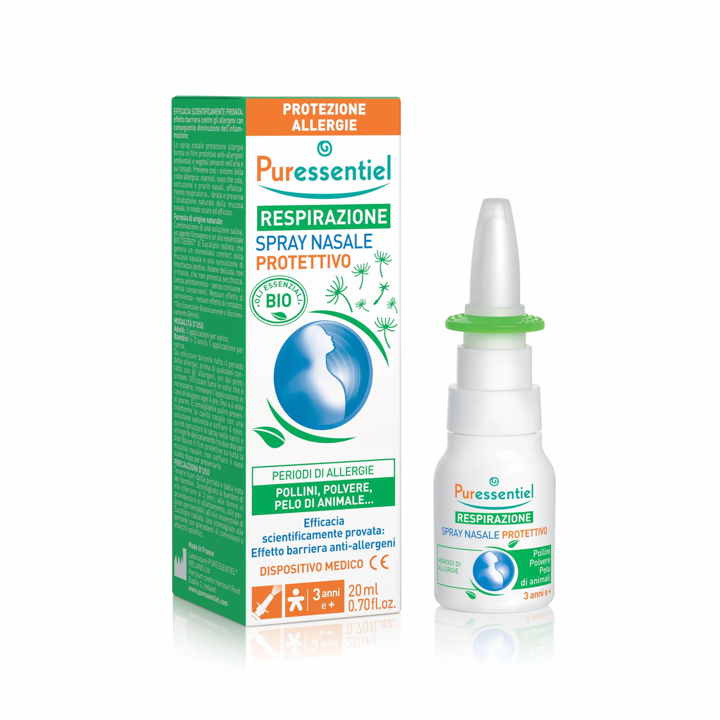 Puressentiel - Spray nasale protettivo - Dispositivo medico - Protezione allergie: pollini, polvere, pelo di animale - Formula di origine naturale - Olio essenziale di eucalipto radiata - 20ml