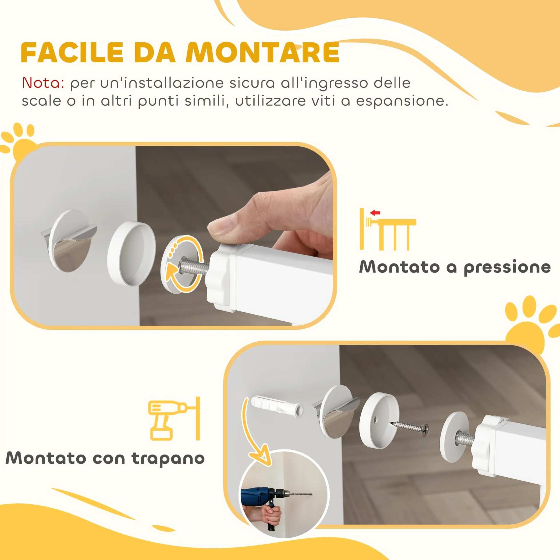 PawHut Cancelletto per Cani da Interno, Cancelletto di Sicurezza con 2 Estensioni 76-104 cm e Porta per Gatti, Cancello per Cani Animali Domestici Alto 106 cm per Corridoio e Scale, Bianco