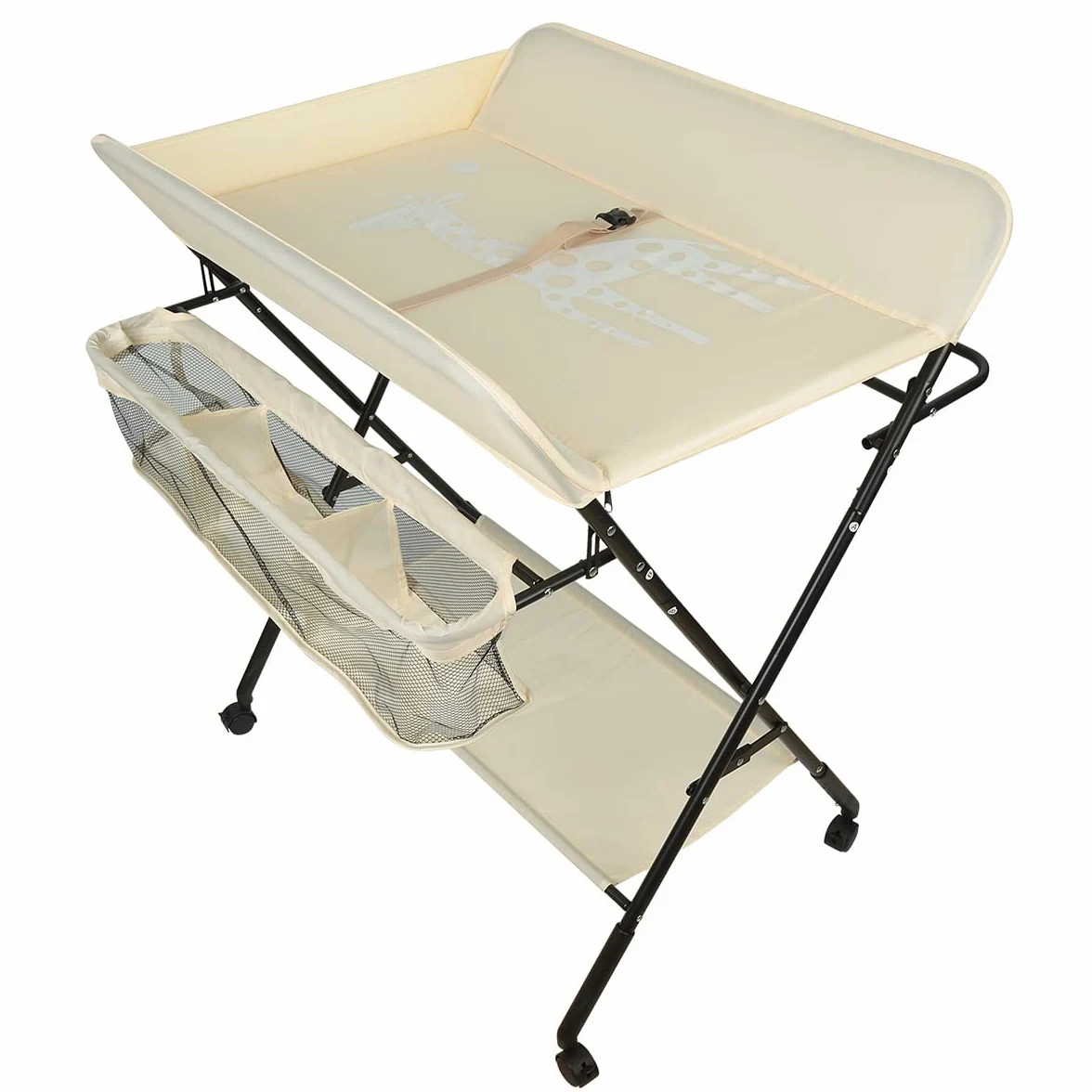 Fasciatoio pieghevole, cassettiera pieghevole per neonato, fasciatoio con ripiani di stoccaggio, ripostiglio+chiusura di sicurezza, motivo giraffa. Beige