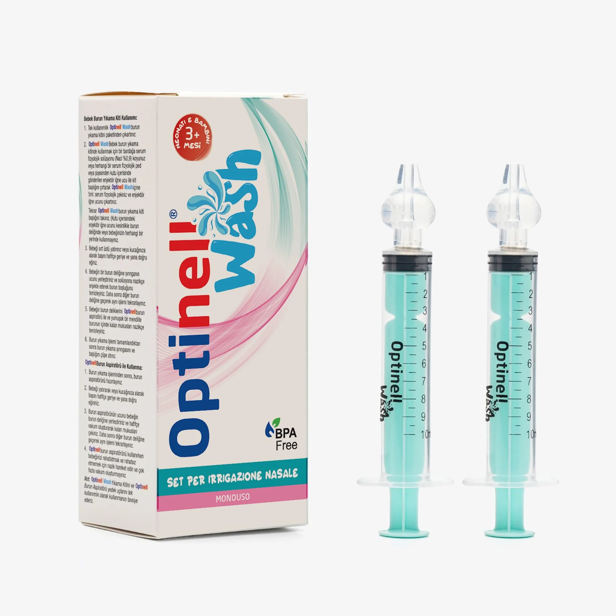Optinell Wash – Siringa per Lavaggi Nasali Bambini 10ml con Beccuccio in Silicone Morbido | Kit Lavaggio Nasale per Neonato e Bambino | Senza BPA, Riutilizzabile, Igienico (2 Pezzi)