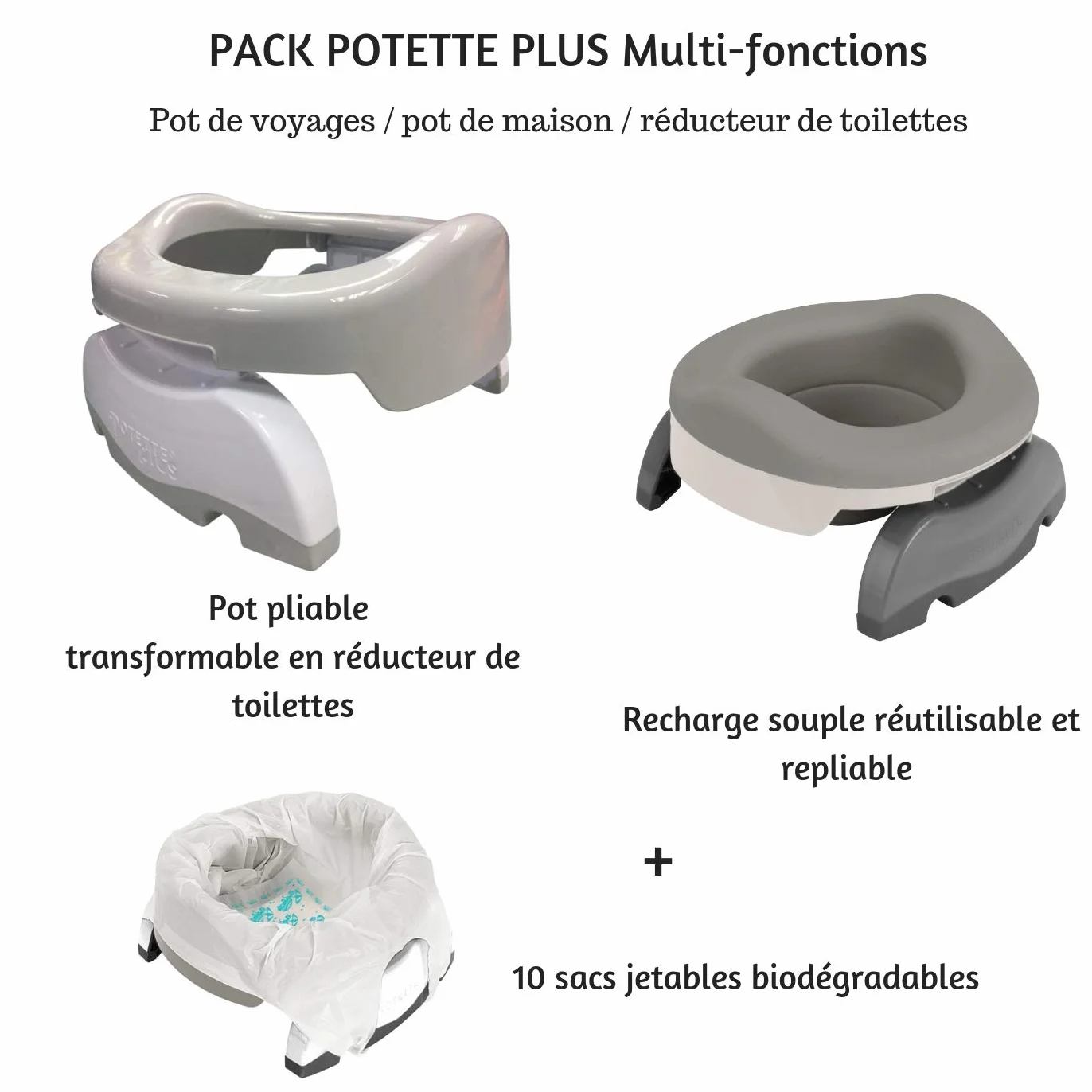 POTETTE PLUS - Vasetto da viaggio, riduttore per WC, vaso di casa grazie alla ricarica morbida e 10 ricariche usa e getta (grigio chiaro)