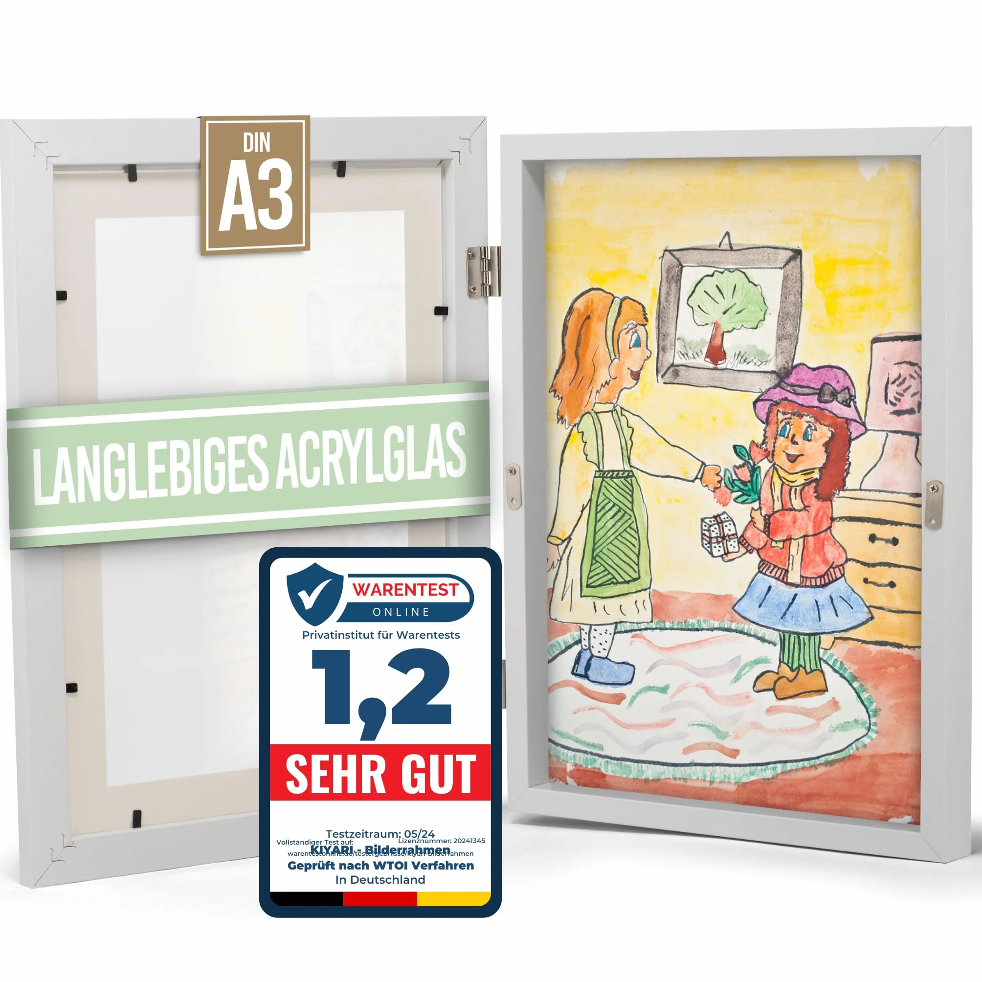 KiyAri Cornice portafoto bianca A3 disegni per bambini, riempibile, arte in piedi/sospeso, vetro acrilico di sicurezza, apertura frontale, 50-150 disegni