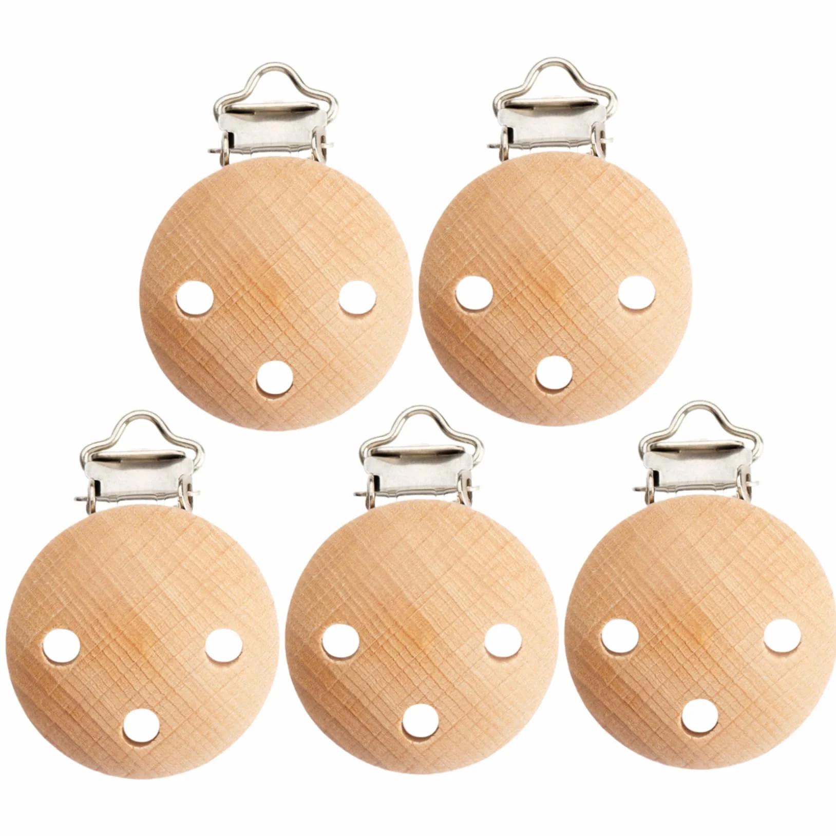 Clip per ciuccio in legno da 5 pezzi da 1, 2 pollici di diametro per ragazzi e ragazze, porta ciuccio portatile facile da usare e pulire con fori per giocattolo massaggiagengive, clip per bambini