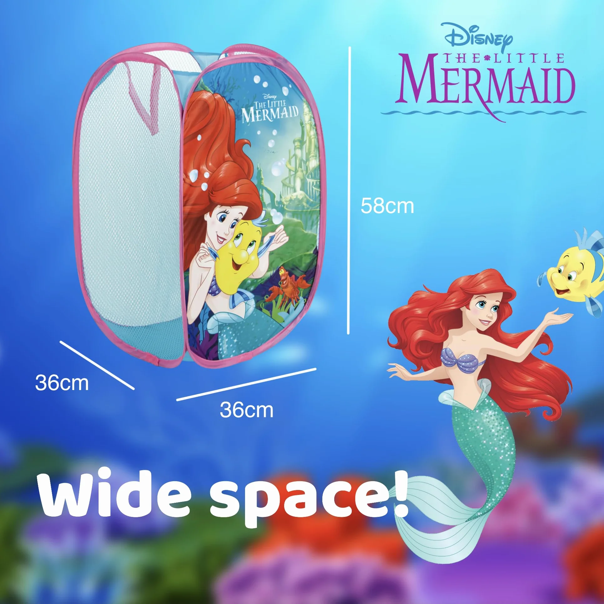 SUPERDIVER - Cesto pieghevole di Ariel La Sirenetta - Licenza Ufficiale Disney The Little Mermaid - Perfetto per giocattoli e vestiti - 36x36x58 cm - Ideale per bambini e bambine.