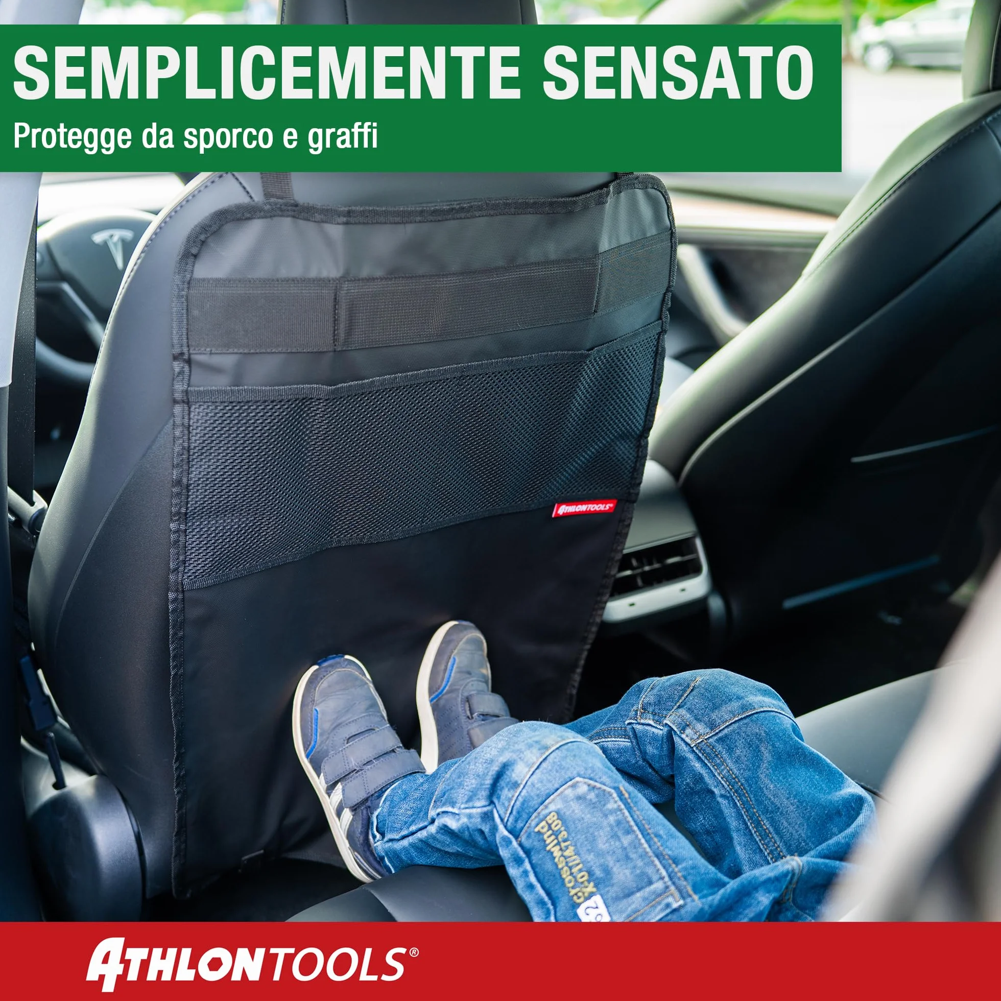 ATHLON TOOLS tappetino di protezione dello schienale rivestito, tappetino di protezione dello schienale dell'auto - con tasche in rete - repellente allo sporco