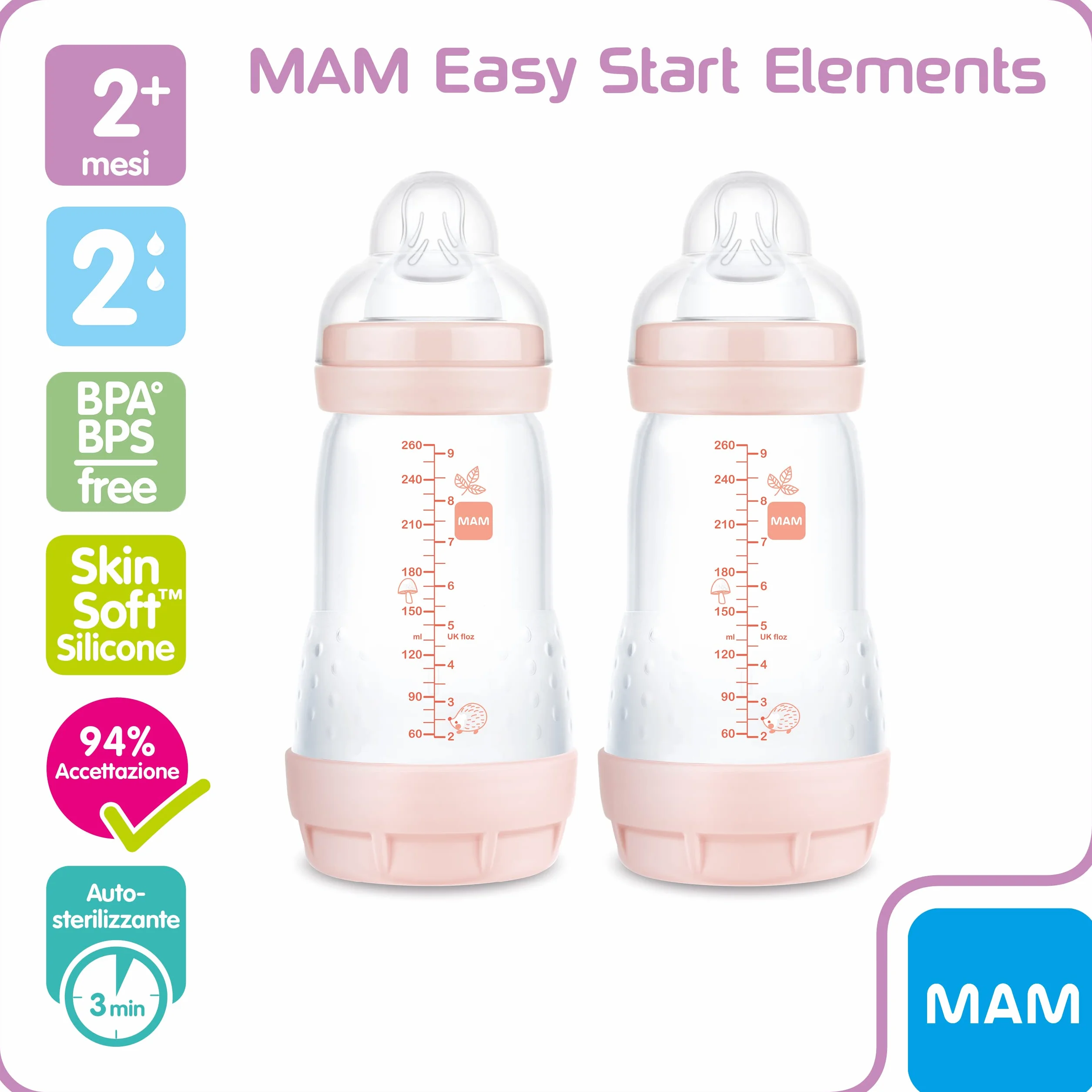 MAM Biberon Easy Start Anticolica, in Set da 2, con Tettarella in Silicone SkinSoftTM, 2+ Mesi, 260 ml, Rosa