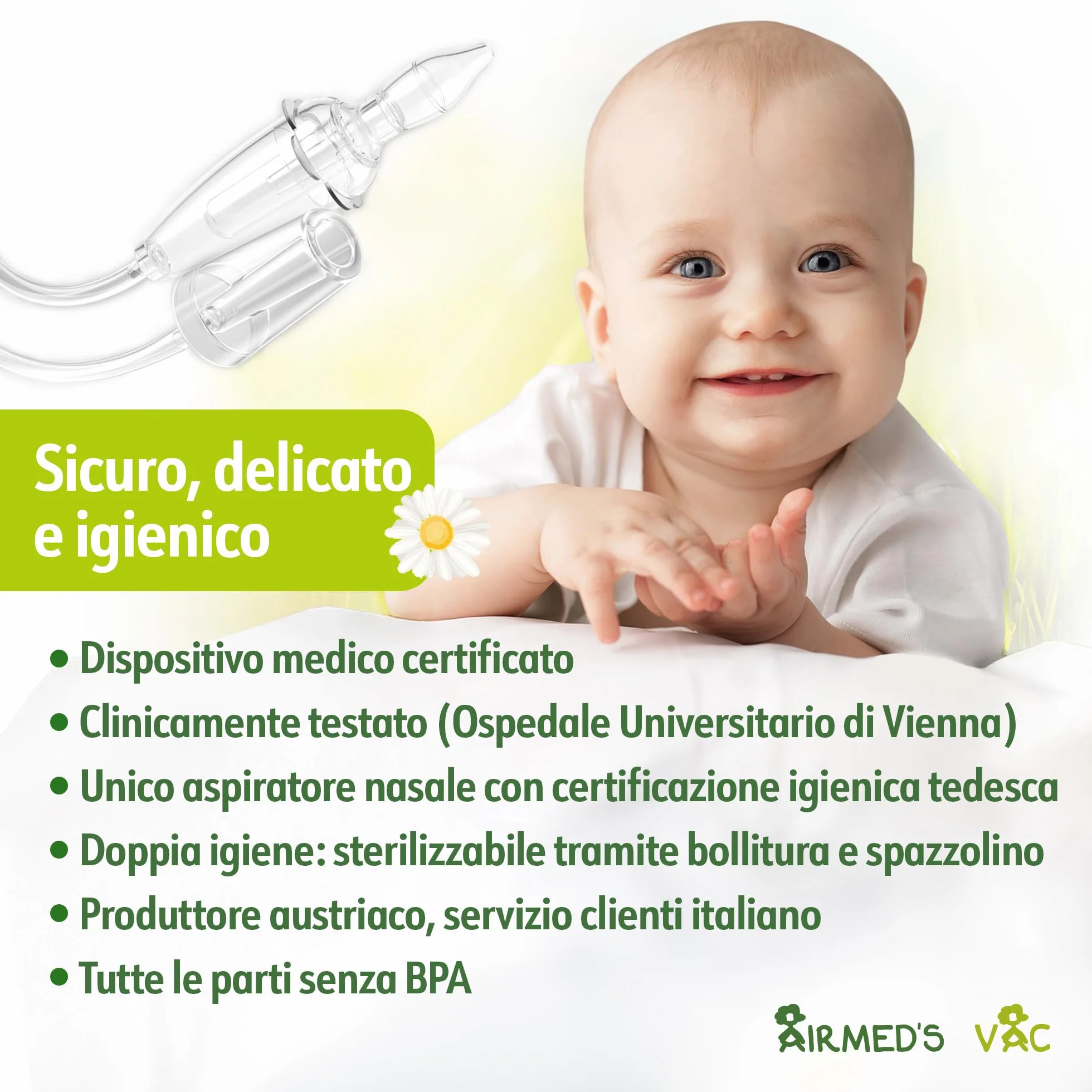 Airmed's Vac Aspiratore nasale neonato. Clinicamente testato e sicuro | Naso libero in 3 secondi. Con 2 testine di aspirazione e spazzolina per la pulizia. Compatibile con tutti gli aspiratori