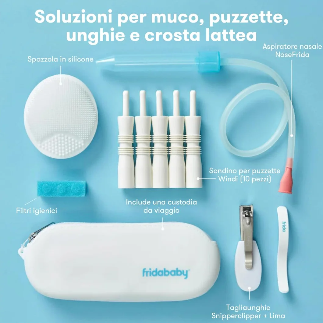 Frida Baby - Primo kit di cura per neonati: Include SnotSucker, Filtri igienici monouso, Windi, Snipper Clipper, Spazzola in silicone e lima curva