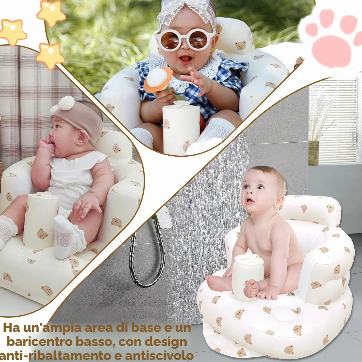 Seggiolino Gonfiabile per Bambini, Sedile da Bagno Gonfiabile per Bambini, Seggiolone gonfiabile portatile da pavimento, Sedile da Allenamento per Bebè, Sedia per Baby Shower, per bambini da 3+ mesi