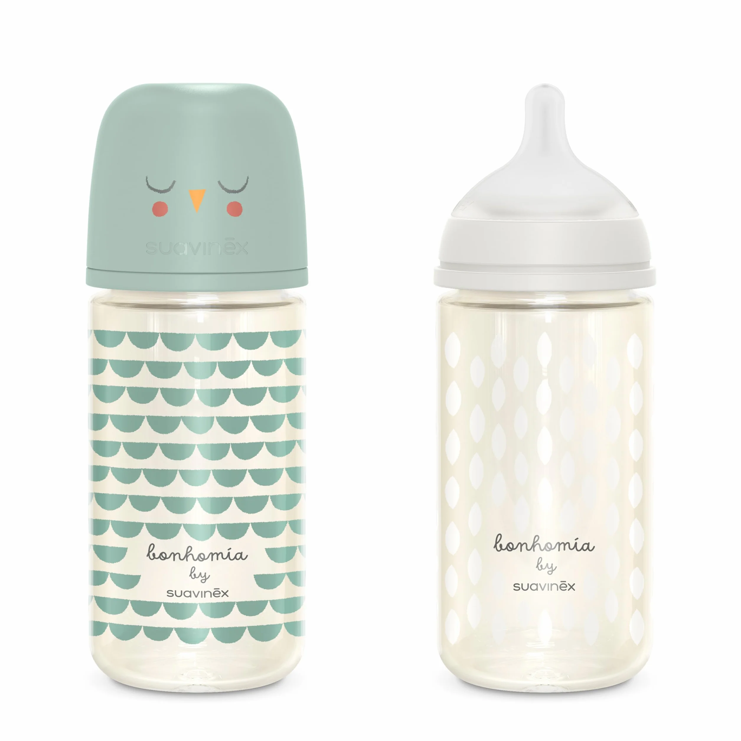 Suavinex, Confezione Biberon in Vetro da 240 ml. Biberon con tettarella simmetrica in silicone SX Pro flusso medio (M), anticoliche, per bambini +3 mesi, Bonhomia rosa, grigio