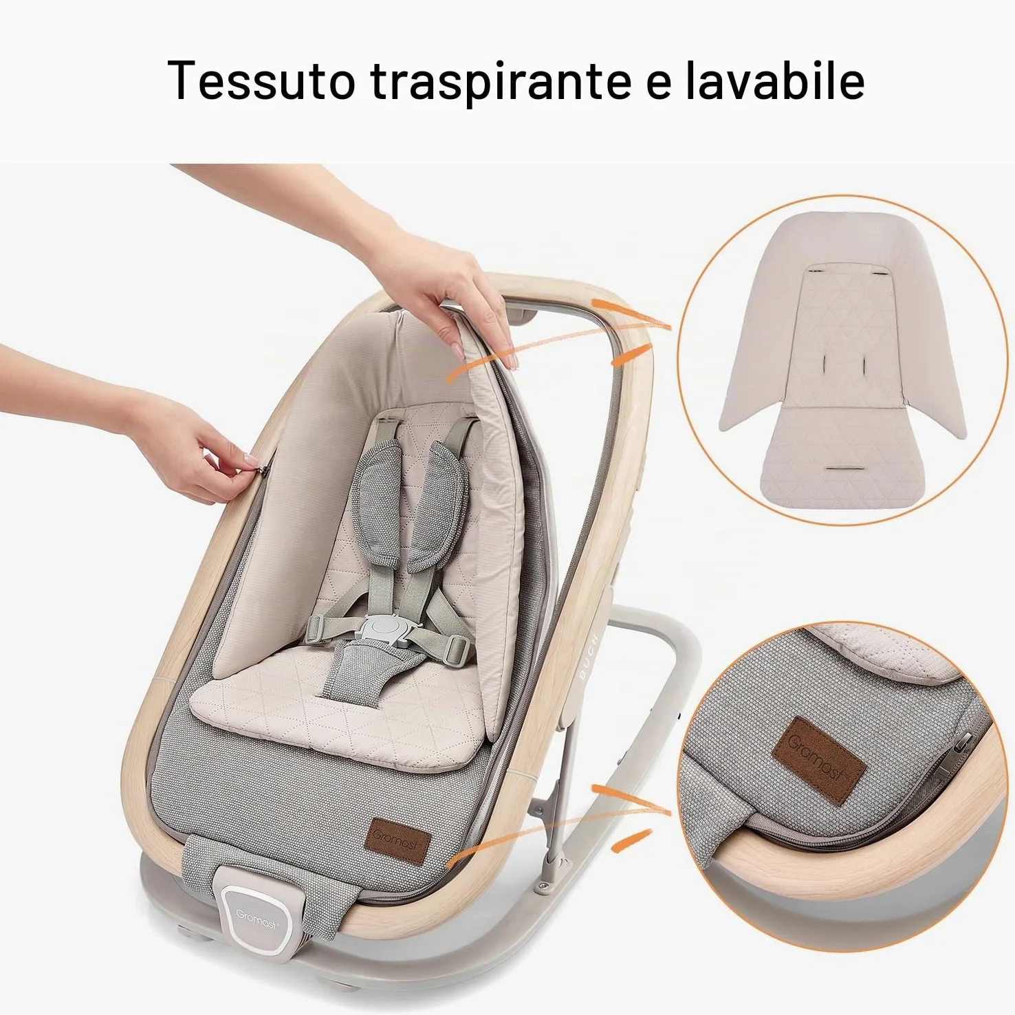 Gromast Sedia a dondolo 2 in 1 per neonati, dondolo portatile con 3 posizioni reclinabili, giocattoli da appendere e borsa da viaggio - Grigio chiaro