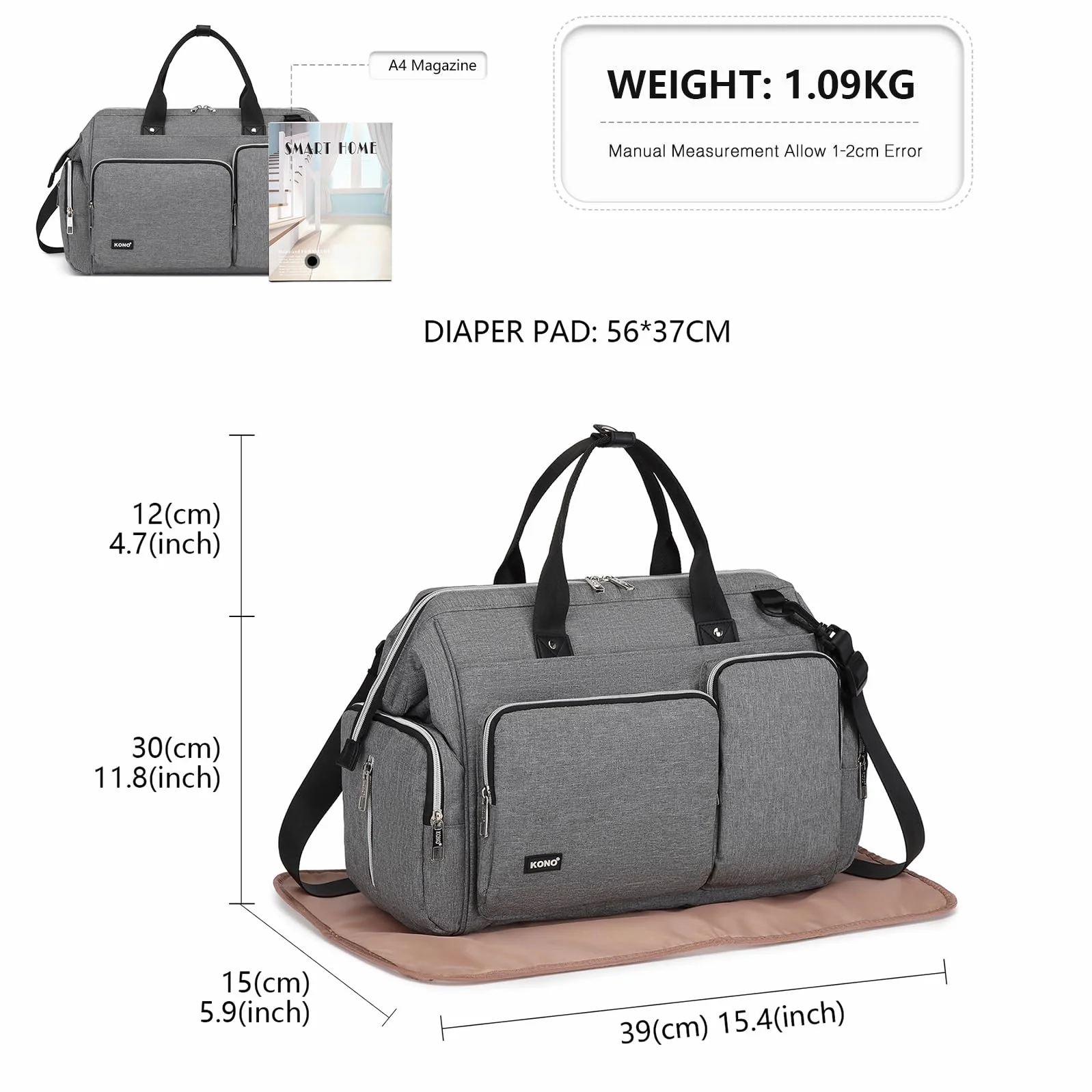 KONO Borsa per pannolini per mamma e papà, grande borsa da viaggio con fasciatoio