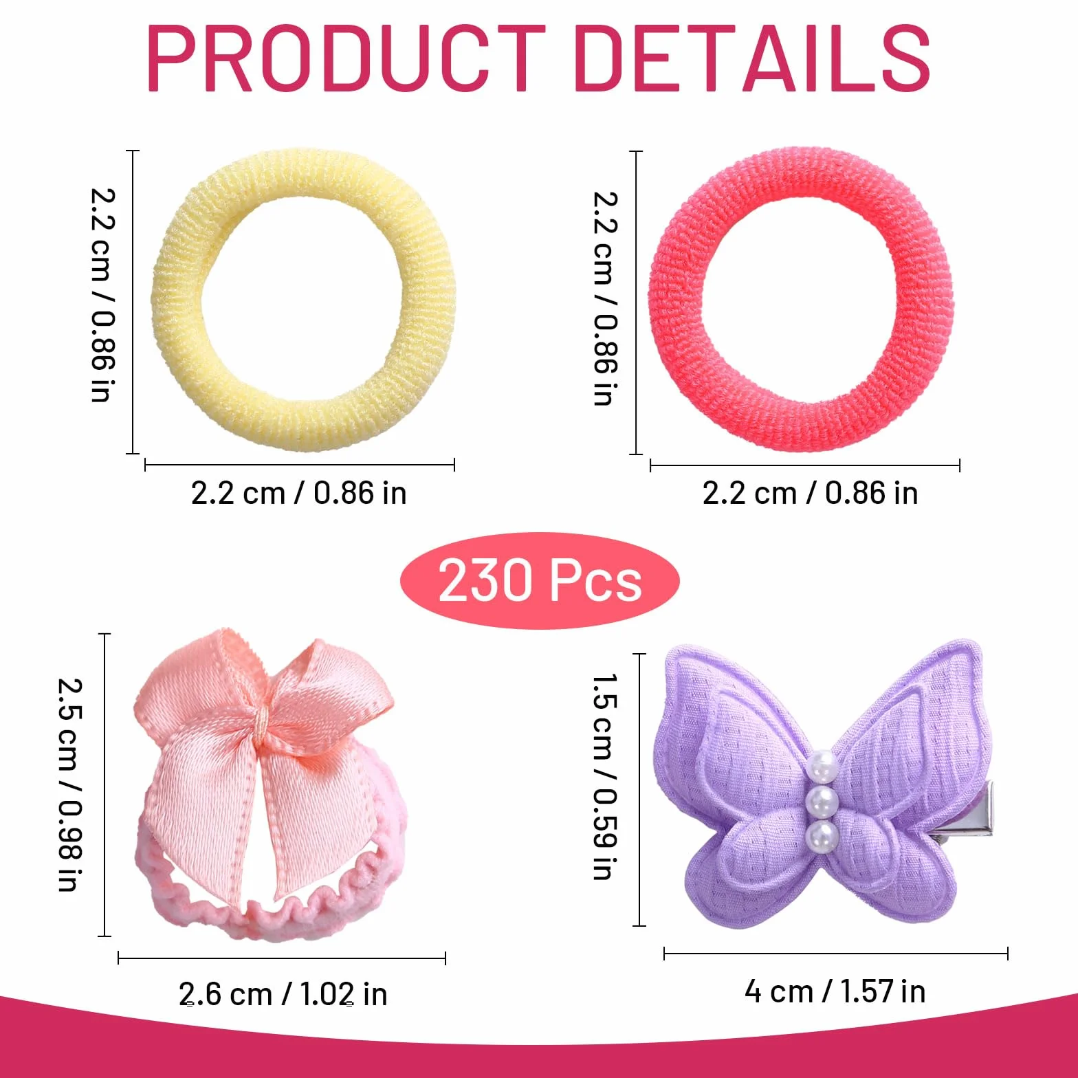 Set di accessori per capelli da bambina, 230 pezzi, clip a farfalla e fasce elastiche, rosa e multicolore