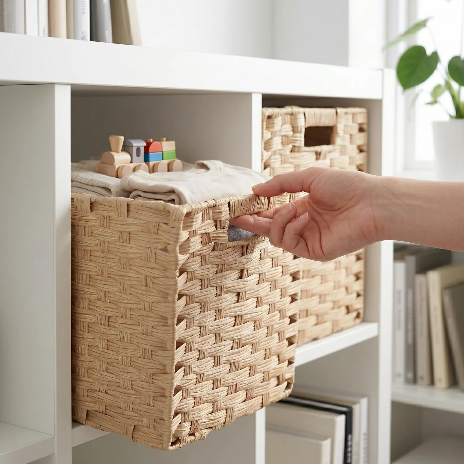 Scatola portaoggetti, 31 x 31 x 31 cm, in finta rattan Kallax, per giocattoli, vestiti, cameretta dei bambini, impermeabile, non ammuffito (4 pezzi, beige chiaro)