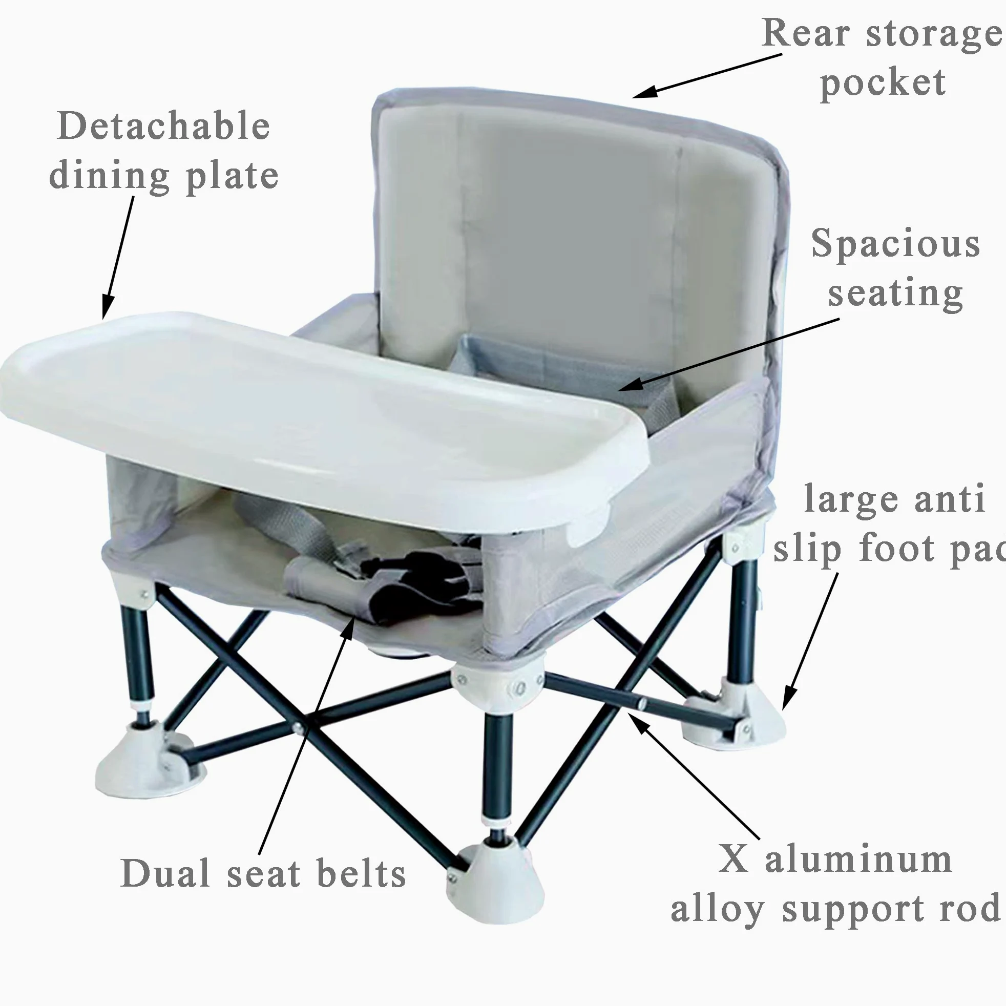 JIAMAIN - Seggiolone pieghevole per bambini, con cinturino regolabile e vassoio rimovibile, seggiolino portatile per l'alimentazione del bambino (grigio)