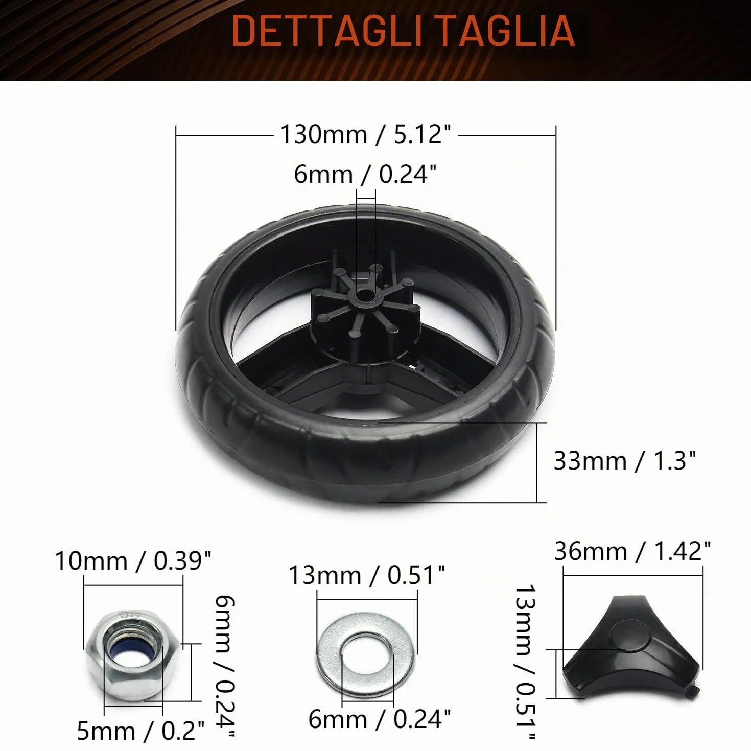 MroMax Ruote per Passeggino, 130 mm x 33 mm, Ruota Singola in Plastica, Ricambio per Passeggino e Animali Domestici, Colore Nero