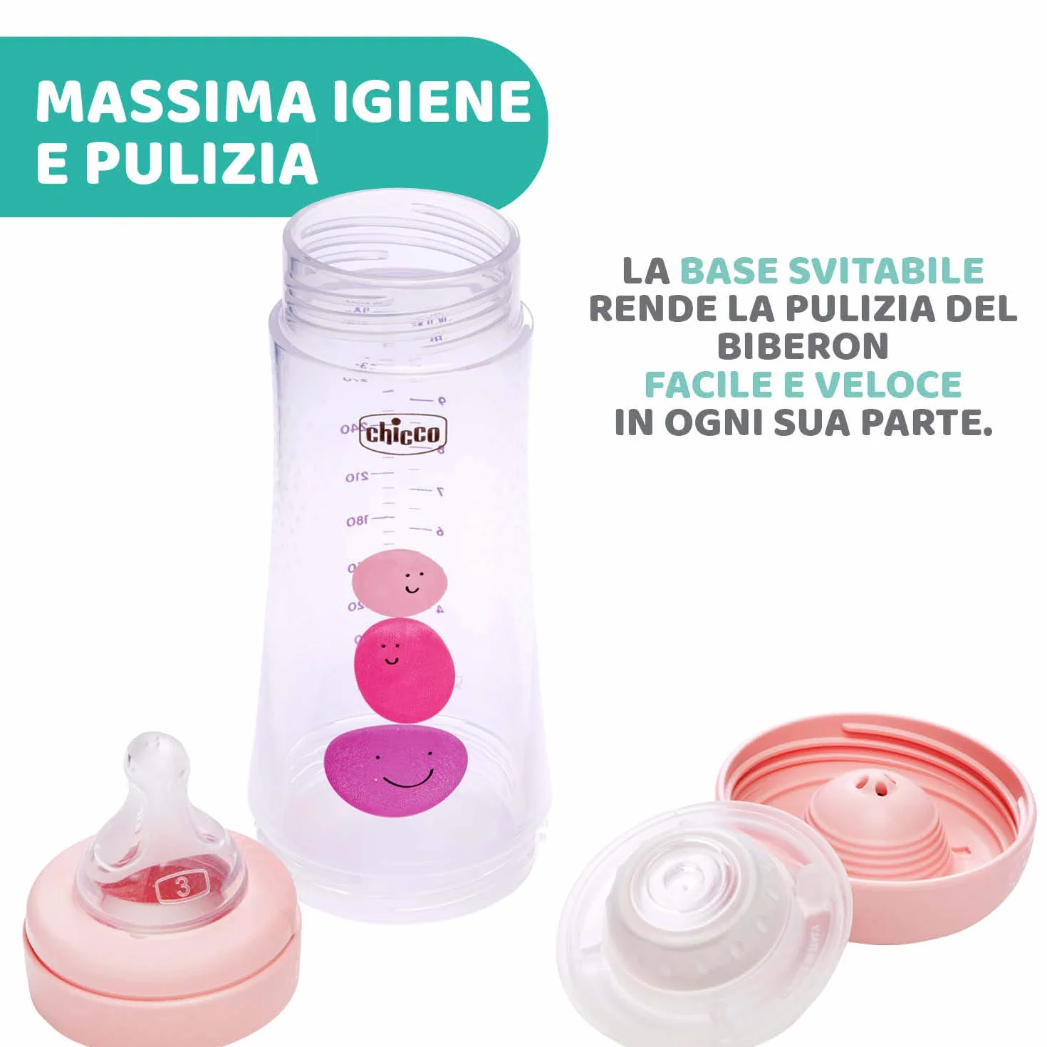 Chicco Perfect 5 Biberon Anticolica, Bimba, 300 ml, Silicone, 3 Fori, Rosa