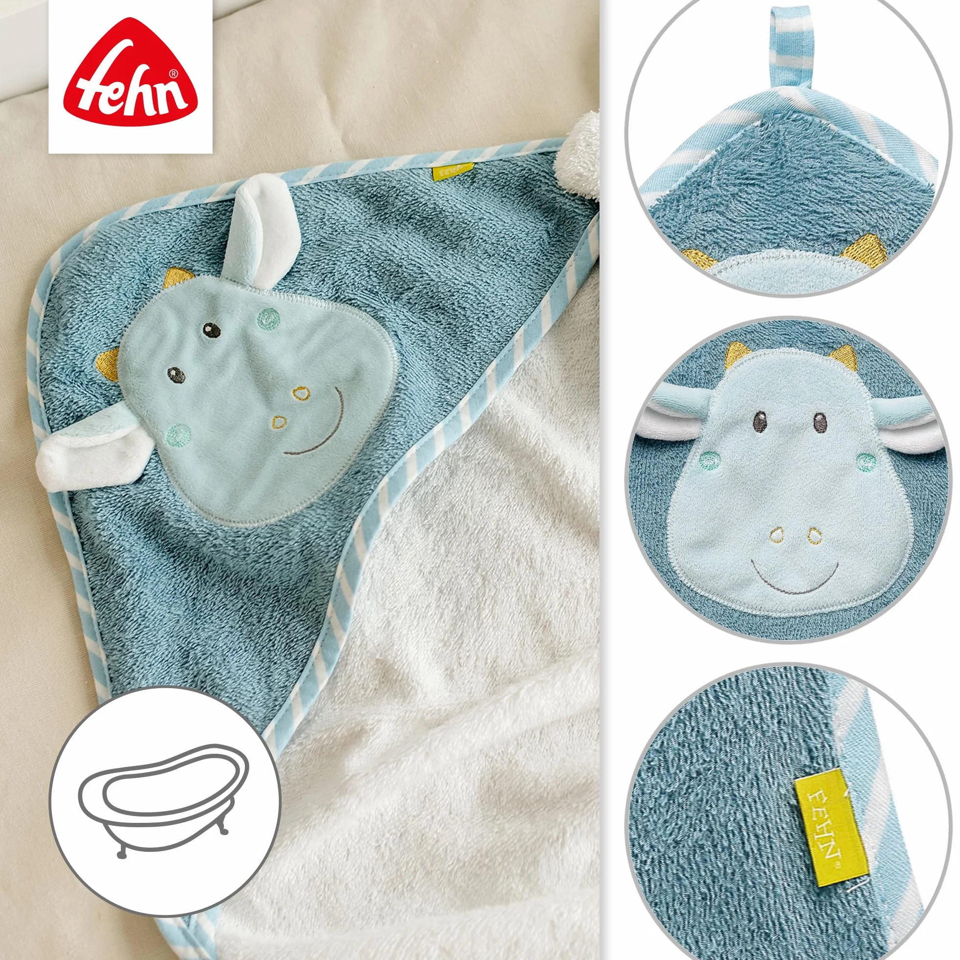 Fehn Asciugamano con cappuccio drago – poncho da bagno in spugna con cappuccio e simpatico motivo drago – assorbente e morbido – per neonati e bambini a partire da 0 mesi