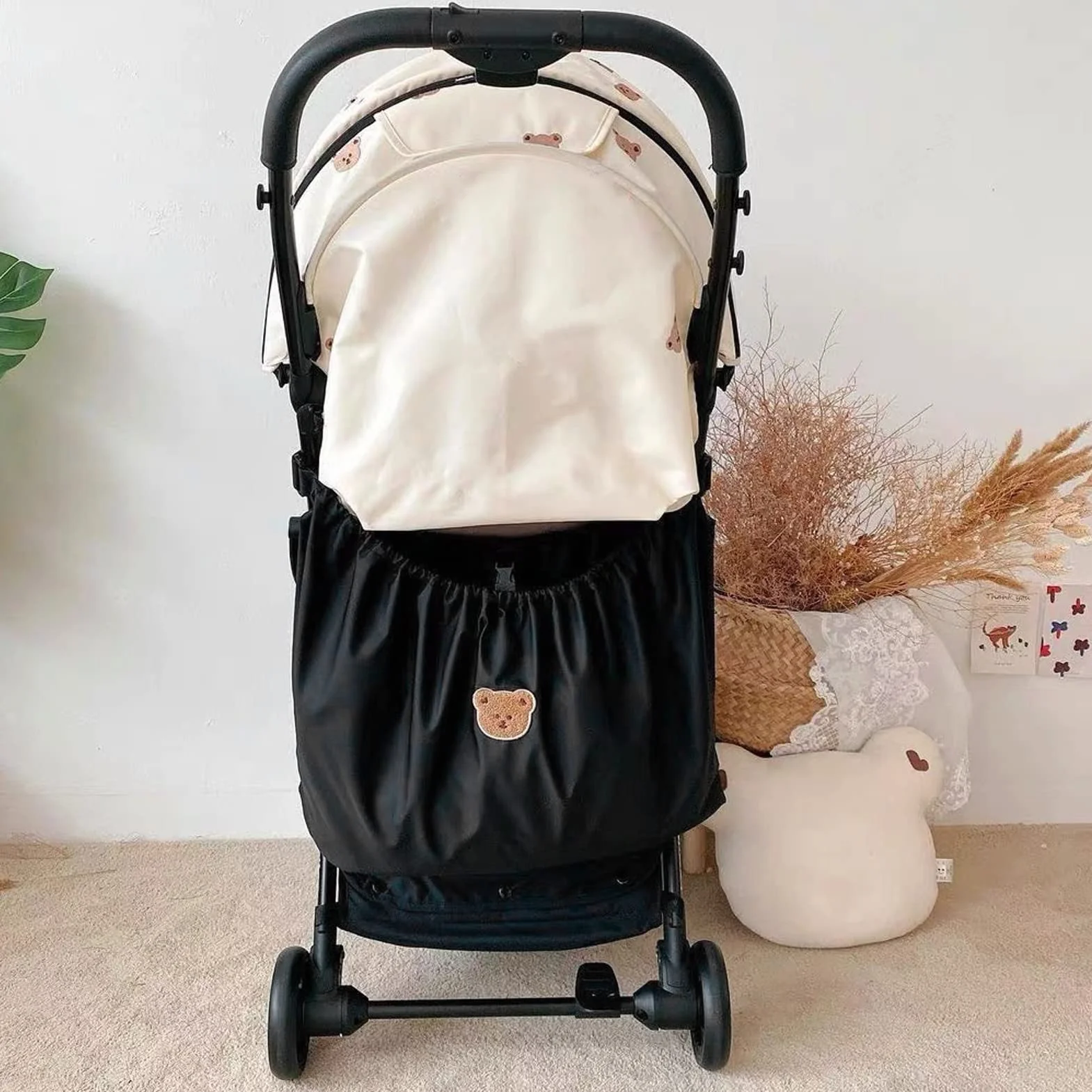 Borsa per Passeggino Impermeabile Resistente Allo Strappo Simpatico Organizer per Passeggino con Motivo a Orso Riutilizzabile per Caricabatterie per Cellulare (Nero)