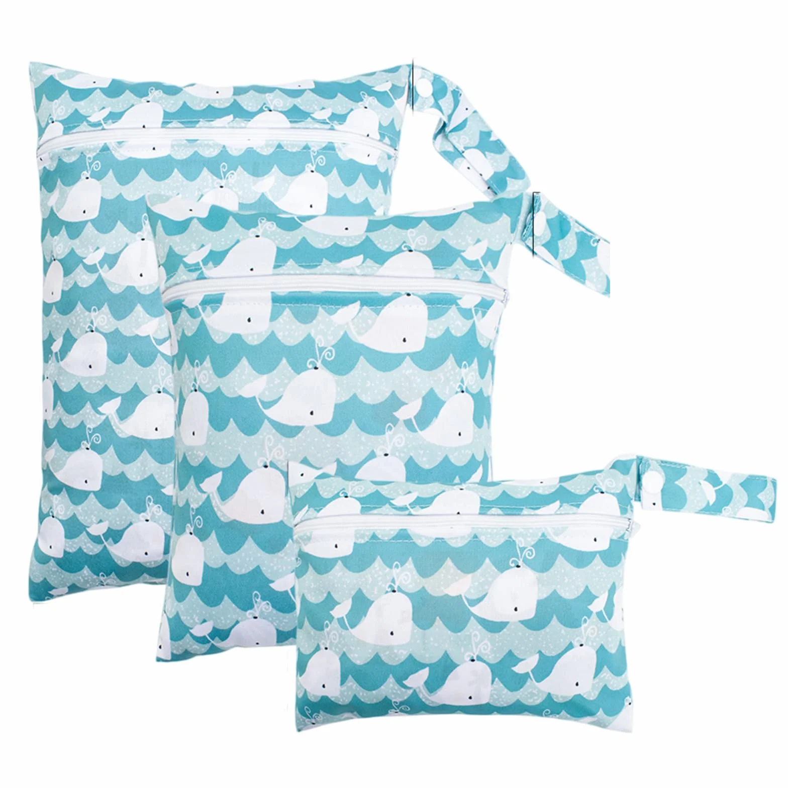 Set da 3 Wetbags Blu Balena Design, Borse Impermeabili per Pannolini e Indumenti bagnati per Neonati e Asilo, Wetbag Portatile per Viaggio con Dolce Motivo Balena