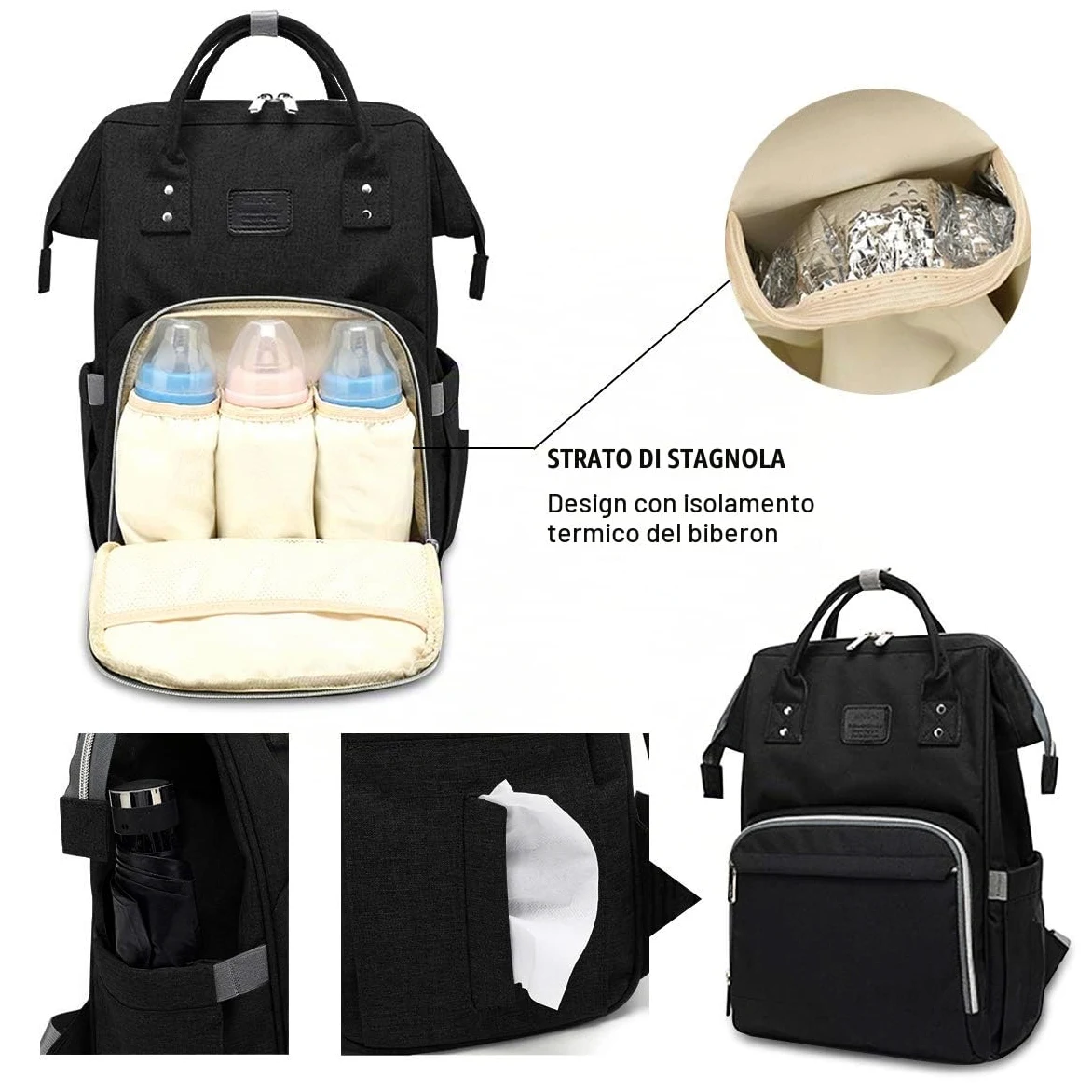 SONARIN Multifunzione Zaino Fasciatoio Bambino per Pannolini con Fascia per Passeggino,Grande Capacità,Organizer per Zaino da Viaggio,Impermeabile,Elegante e Resistente,Ideale Regalo(Nero)