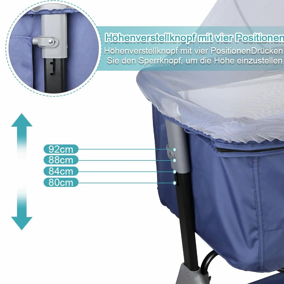OHMG Culla Neonato con Materasso Imbottito,Culla Cododo,Culla Co-sleeping,Culla Bambini Pieghevole con 5 Altezze Regolabili,Lettino per Bambini,per Bambini 0-6 Mesi (Blu tibetano (104x52x103-115cm))