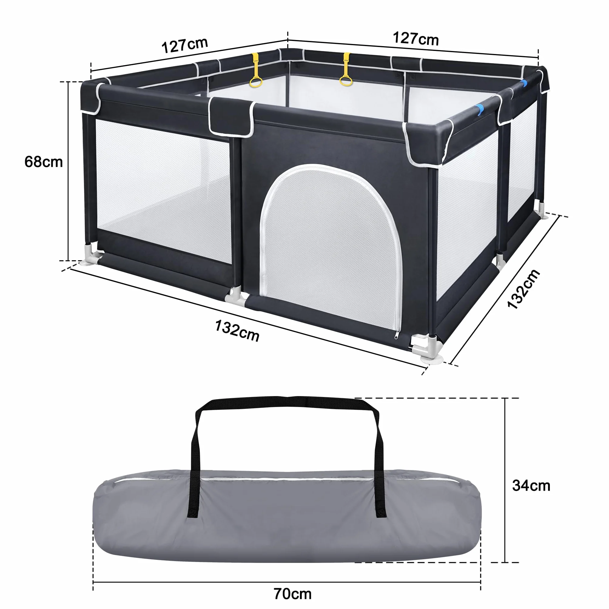 FIVMEN Box per bambini, 127 x 127 cm, con 50 palline, rete traspirante e 4 anelli, centro attività, griglia di protezione, colore: nero