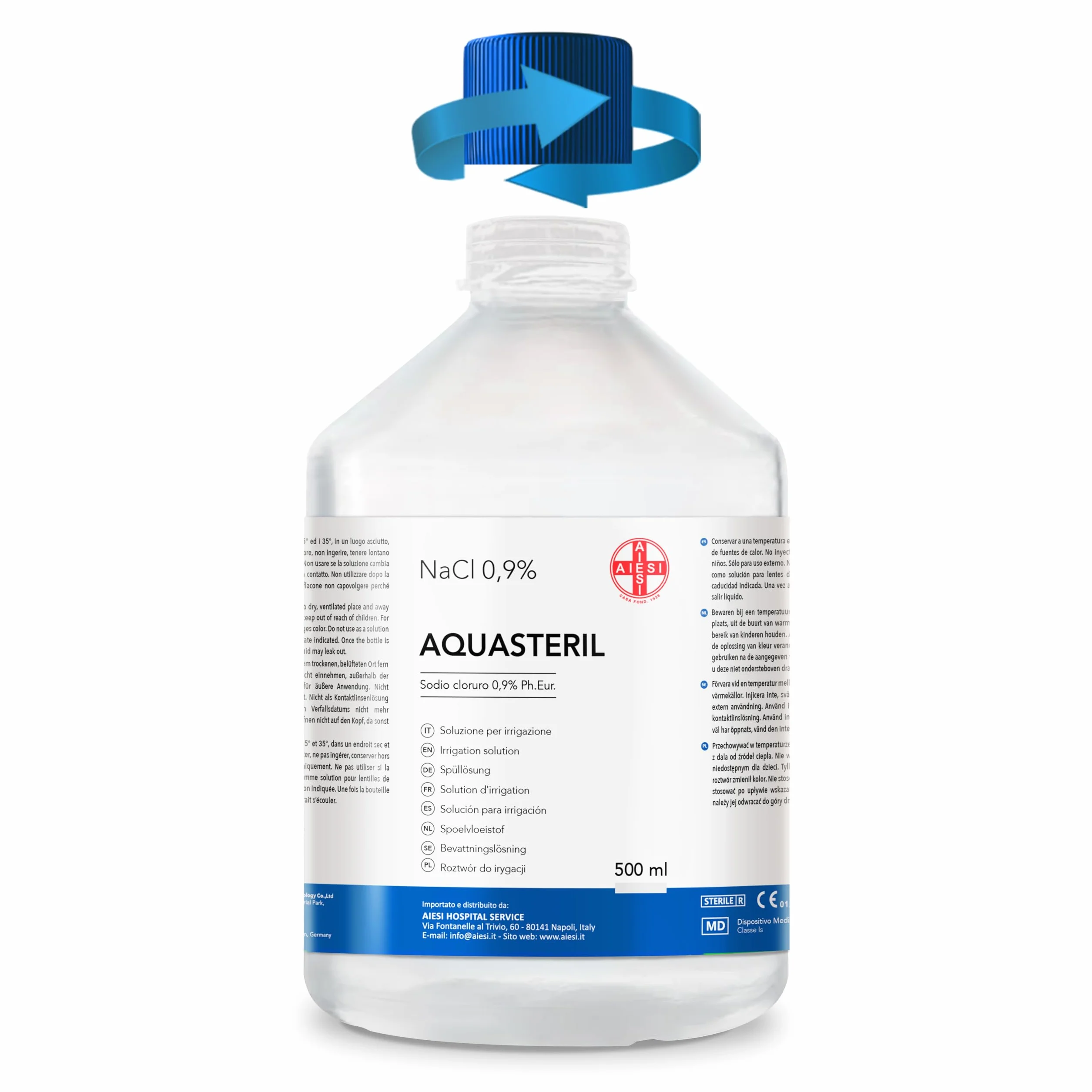 AIESI® Soluzione fisiologica salina (500 ml) per lavaggi nasali, aerosol e irrigazione con tappo richiudibile AQUASTERIL, Sodio cloruro 0,9% per cassetta pronto soccorso