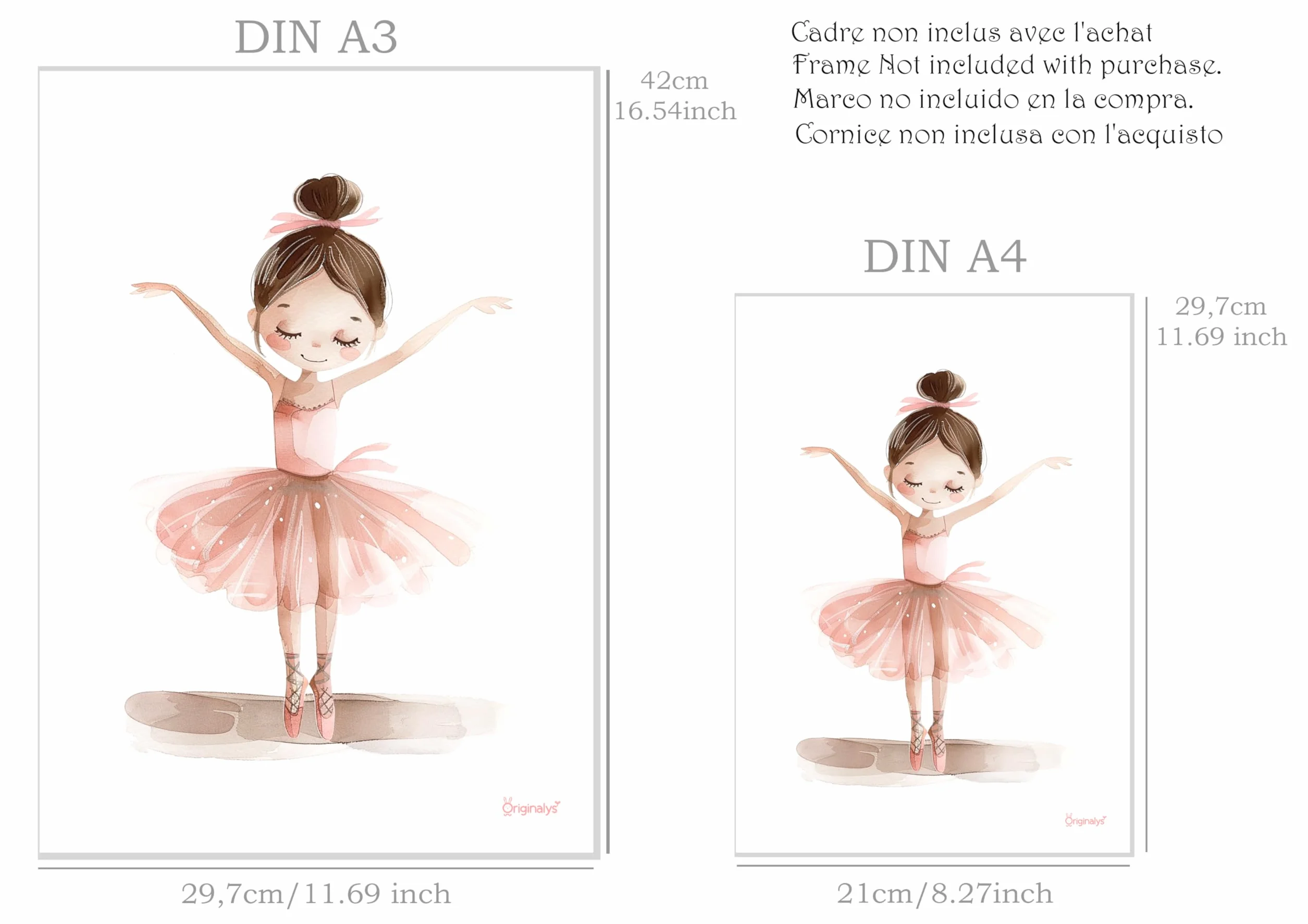 Originalys Ballerine, 3 posters in formato A4, per cameretta dei bambina, poster di ballerine dai toni rosa, poster decorativi per bambina. in formato DIN A4 (cornice non inclusa)
