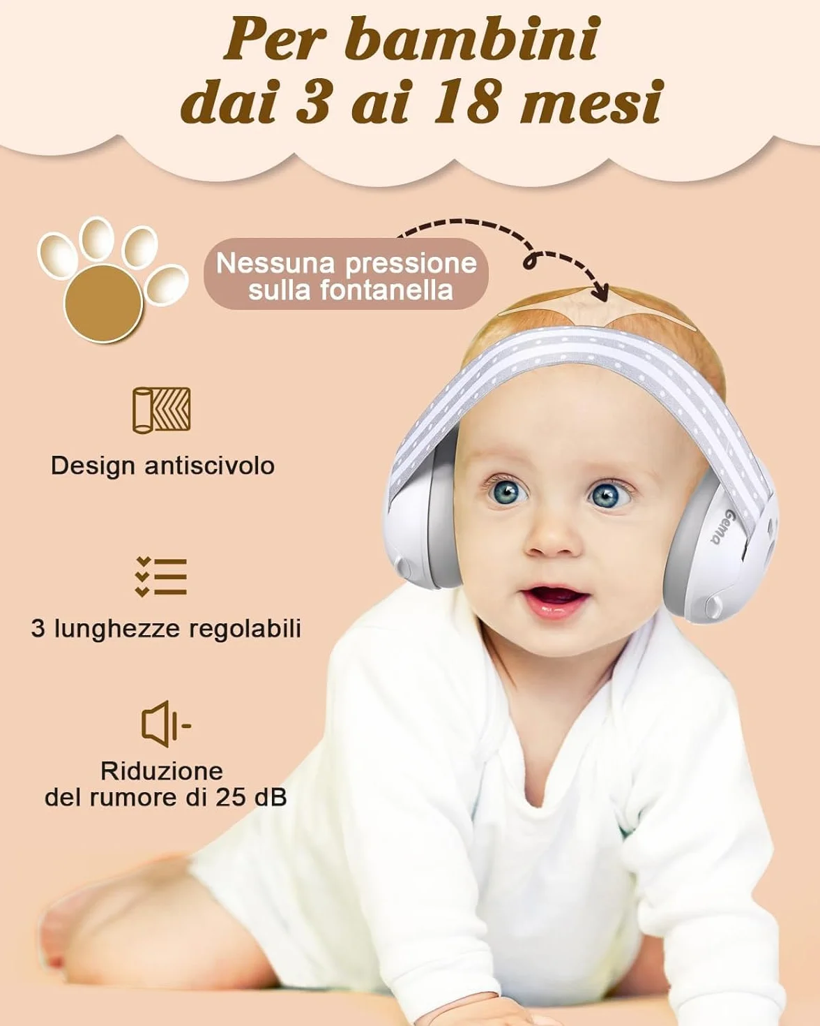Generico 2 in 1 Cuffie Neonato Antirumore -25dB,Protettori acustici per neonati, archetto regolabile, antiscivolo e antistress, protezione acustica ideale per neonati fino a 48 mesi