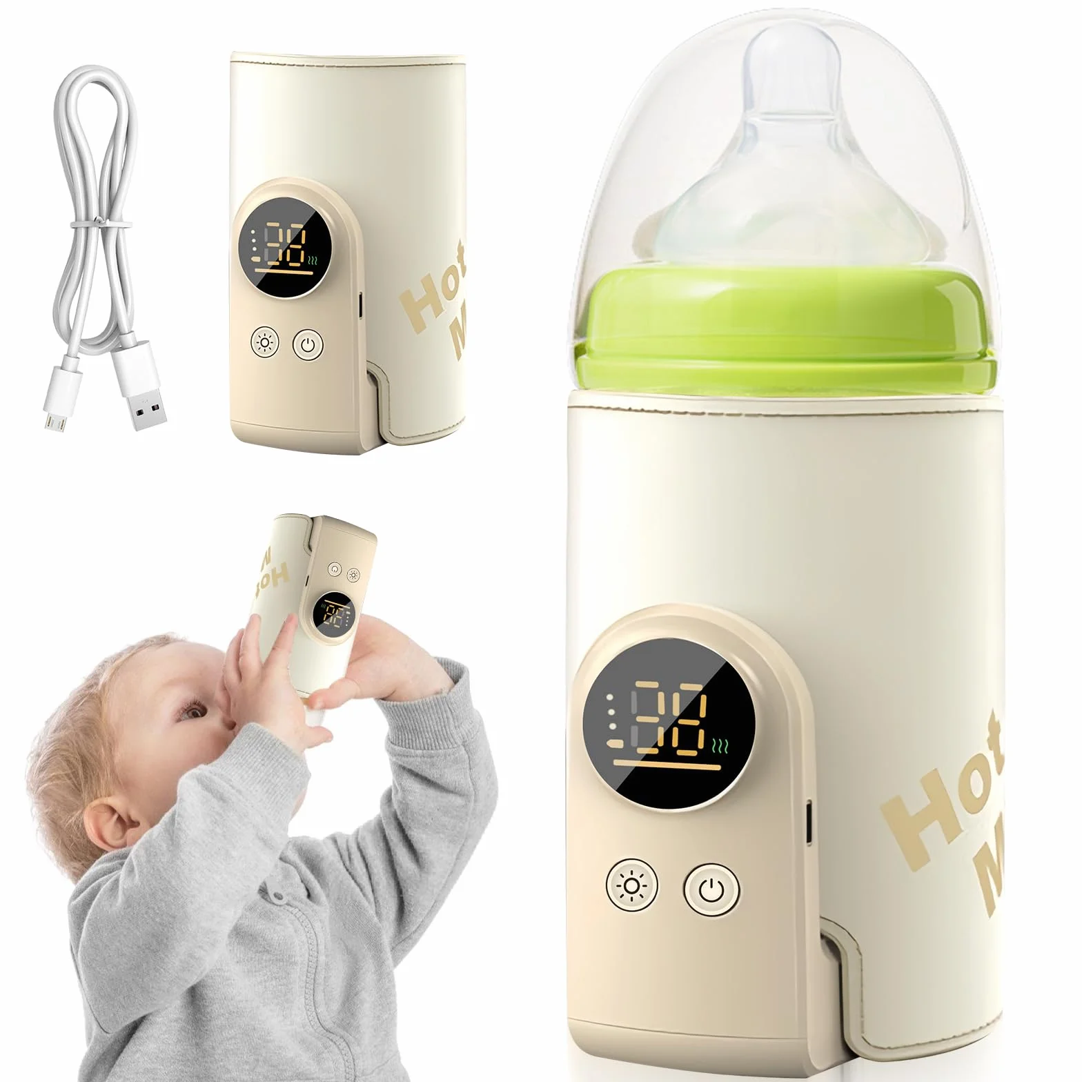 Scaldabiberon per neonati: crema scaldabiberon portatile in viaggio, 6 temperature regolabili 38-50 ℃, borsa portatile scalda latte materno con display a LED, ricarica di tipo C