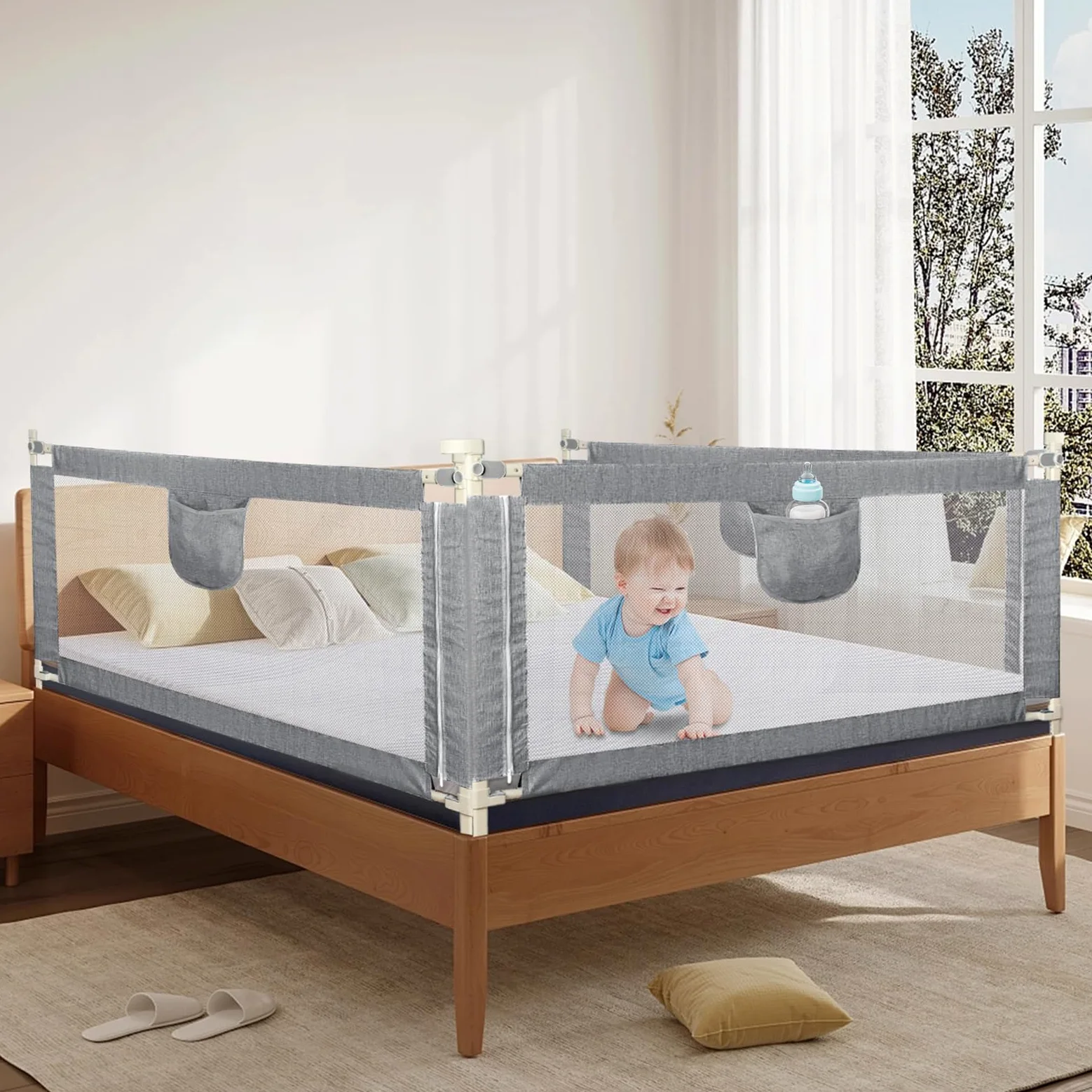 Barriera per letto per bambini da 175 cm, protezione contro le cadute, barriera di sicurezza per bambini con 10 altezze regolabili, telaio in metallo, pieghevole, stabile e durevole