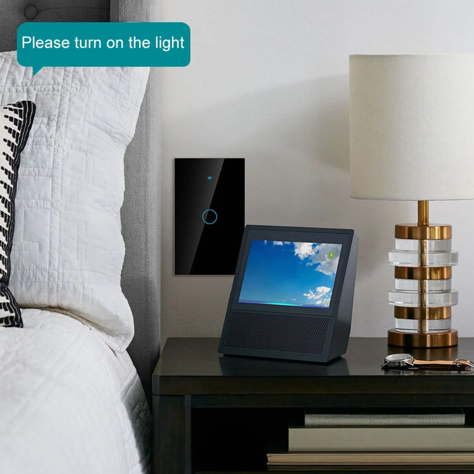 Interruttore Smart WiFi Interruttore touch a 1 via AC 90-250 V App a giro singolo Sistema di controllo remoto wireless Controllo vocale Wi-Fi (nero USA)(Nero)
