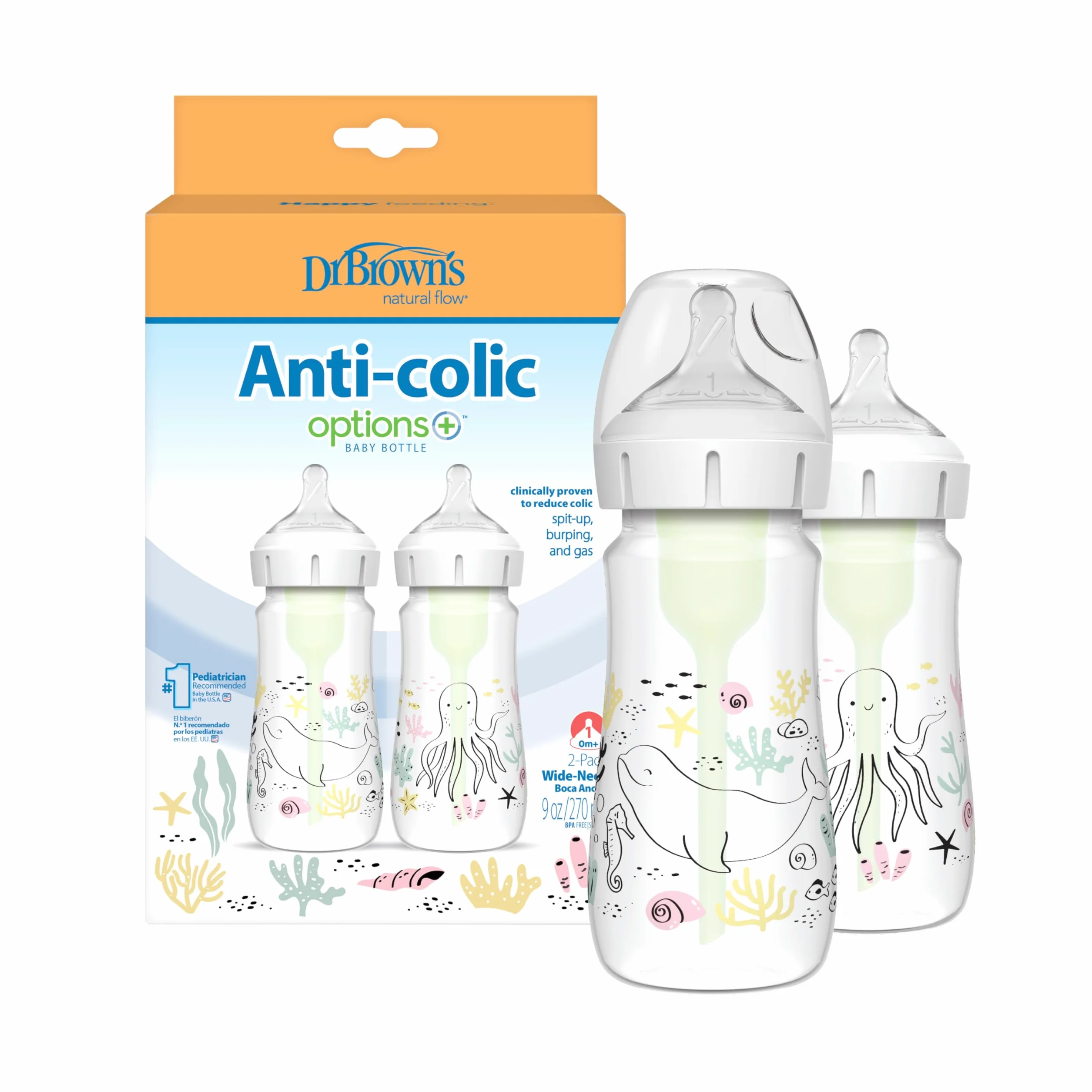 Dr Brown's - 2 biberon anticoliche a collo largo, 270 ml, motivo: oceano