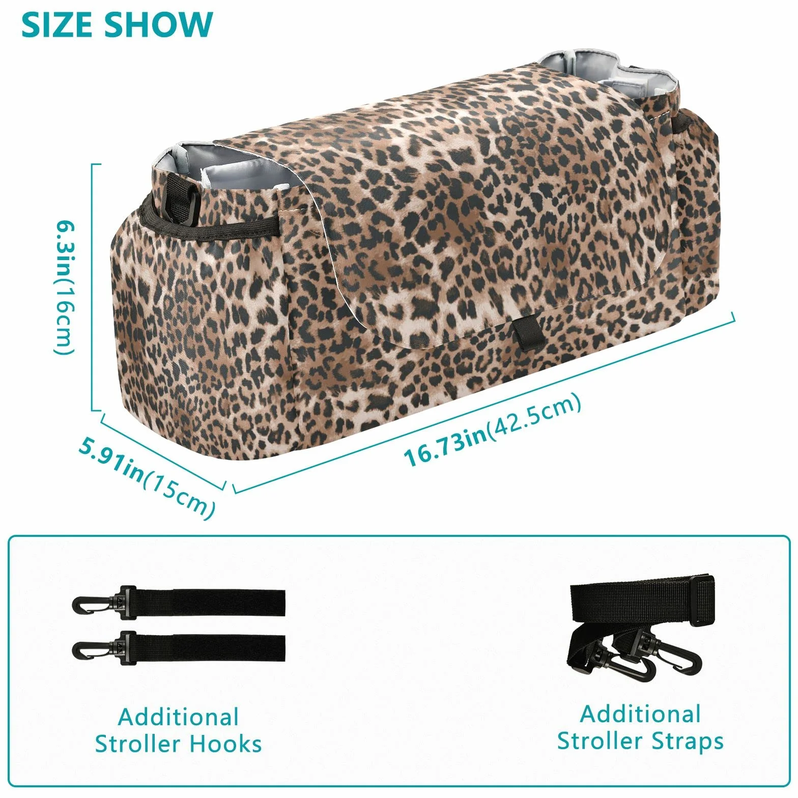 Borsa organizer per passeggino con stampa leopardata, universale, con 2 portabicchieri, cinghie regolabili e gancio per passeggino, adatta per biberon, pannolini, telefono, giocattoli
