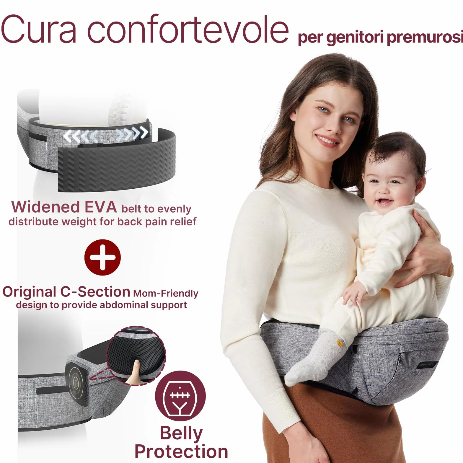 Marsupio per Bambini Momcozy - Cintura Regolabile con Protettore Ventrale 3D Originale, Marsupio Ergonomico con Varie Tasche per Neonati e Bambini fino a 45lbs (Grigio, Medio)