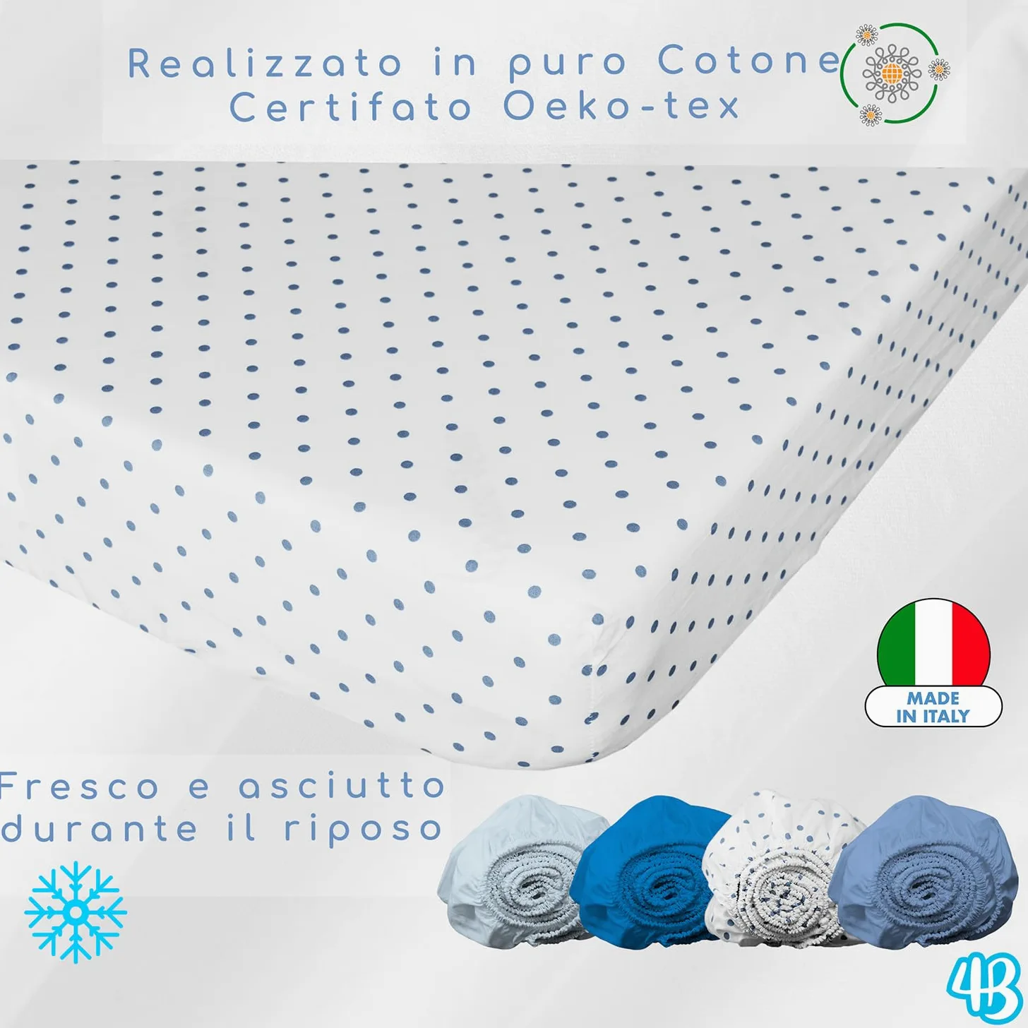 4BABIES - Set 4 Lenzuola Lettino Neonato 60x120 - Lenzuolo con Angoli per Culla in Cotone 100% Morbido Traspirante - Made in Italy OEKO-TEX - Pois Blue, Smoke Blue, Azzurro e Blu