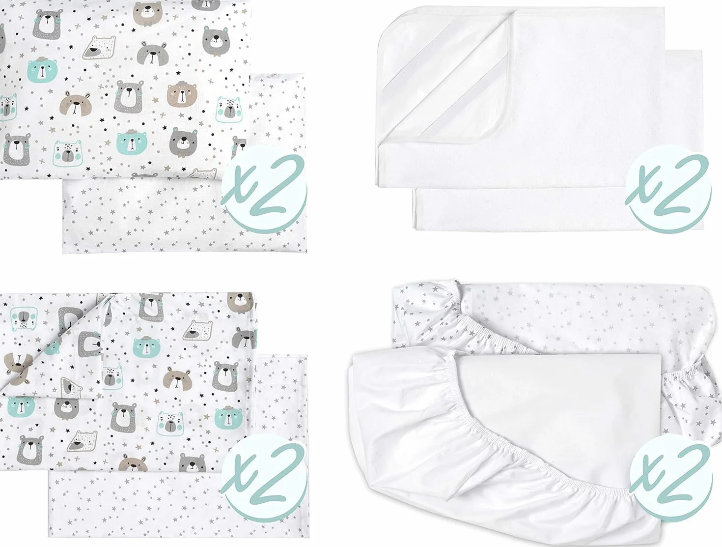 FlyIdeas Lenzuola Next2Me Set MAXI 8 pz, 100% Cotone con 2 Lenzuola Sotto, 2 Traverse Salva Pipi, 2 Lenzuola Sopra & 2 Federe Cuscino per Culle Fianco Letto Neonato e simili (Cute Bears, 83x50 cm)