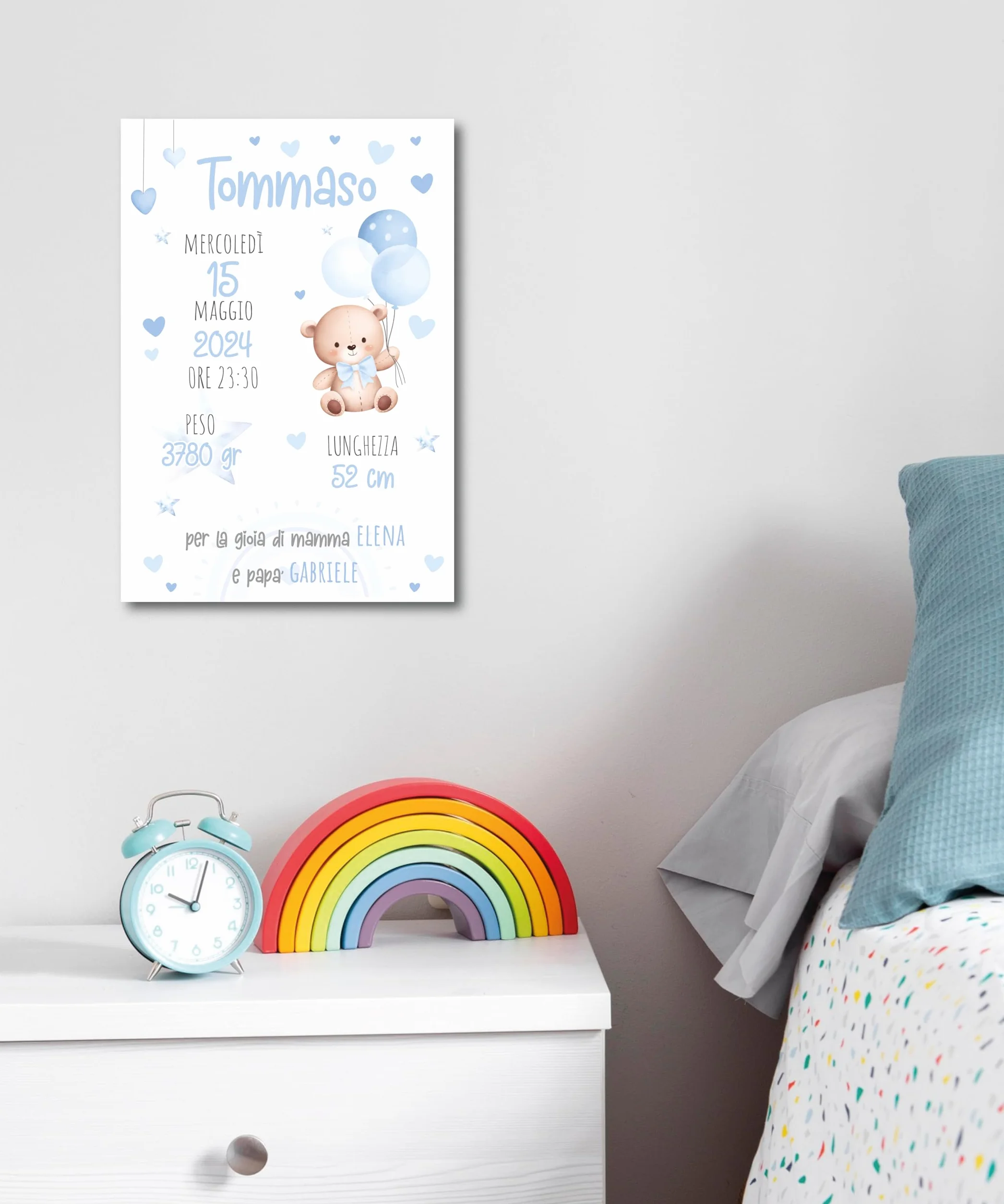 Generico Quadro personalizzato nascita, tre modelli, tre colori, idea regalo per nascit, arredo cameretta decorazione 20x30cm (AZZURRO)