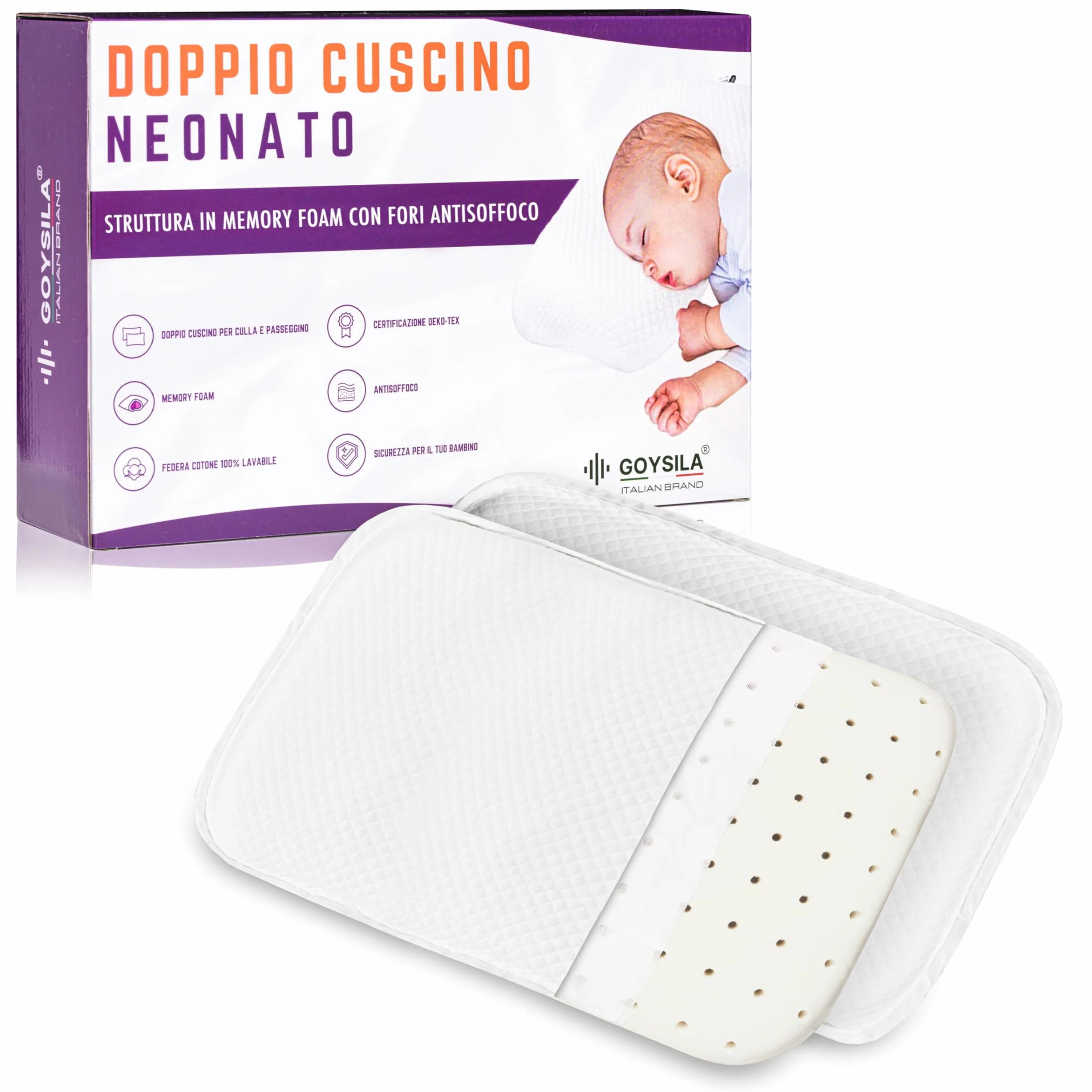 GOYSILA Set 2 Cuscini Neonato Antisoffoco Memory Foam Per Passeggino Carrozzina Compatibile Chicco Next2Me Inglesina Foppapedretti Traspirante Con Federa 100% Cotone Lavabile Antiacaro Morbido