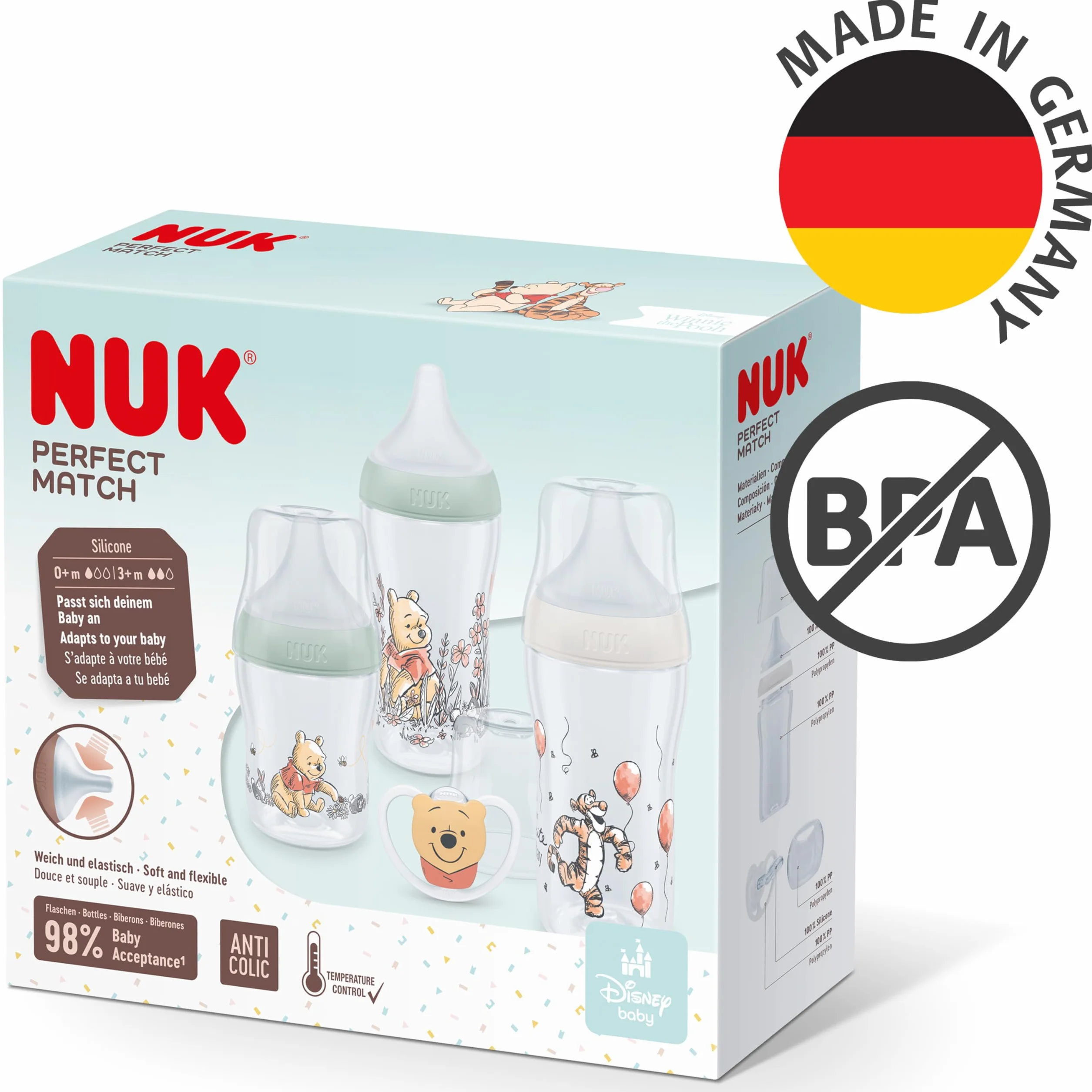 NUK Confezione biberon Perfect Match | 0-6+ mesi | Si adatta al palato del bambino | 3 biberon anti-colica e ciuccio Space Soother | Senza BPA | Disney Winnie the Pooh | 4 pezzi