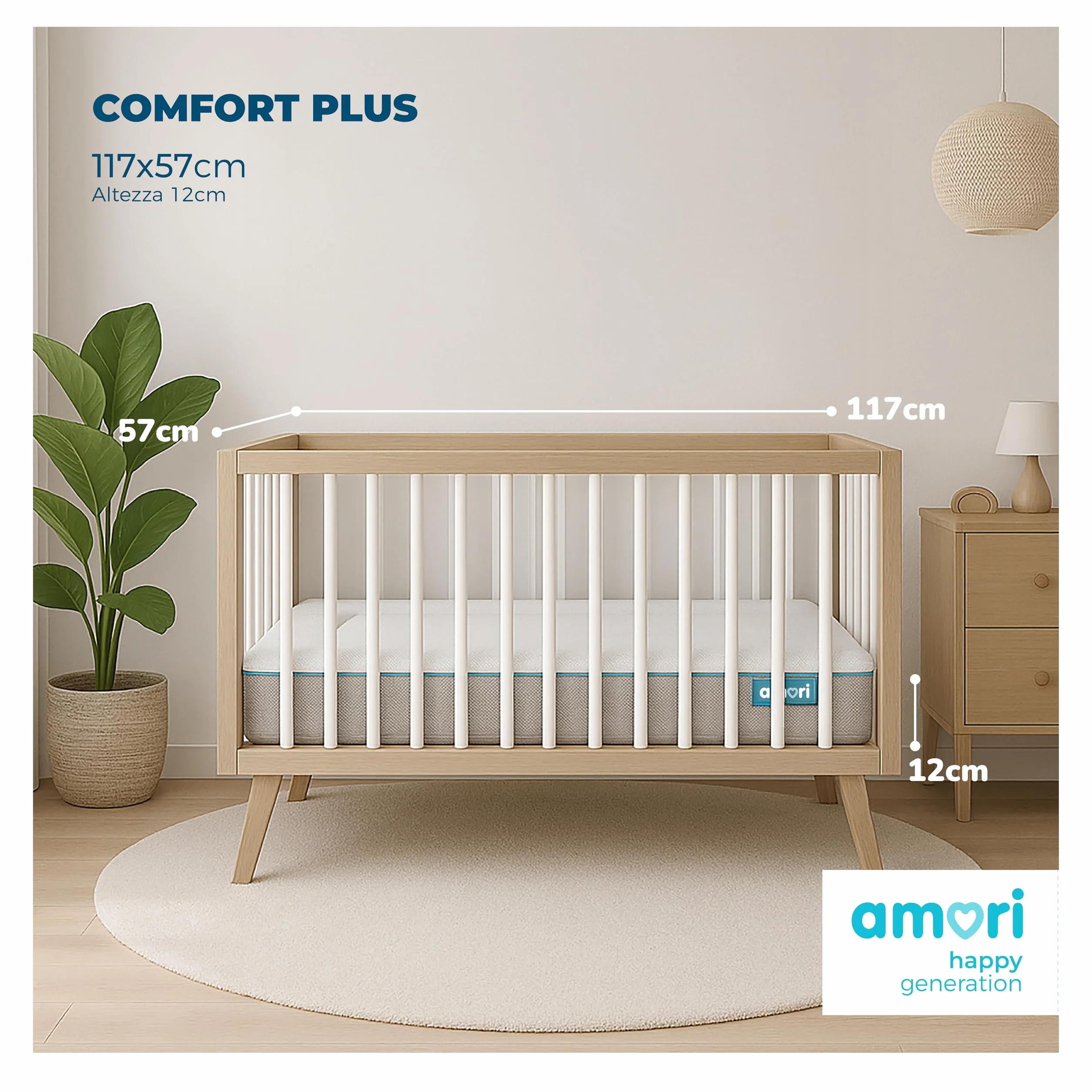 AMORI - Materassino Antisoffoco 117x57 cm per Culla Lettino - Sfoderabile, Anallergico, Antiacaros - Spessore 12 cm - Doppia Faccia Estate/Inverno - Certificato OEKO-TEX - Comfort Plus