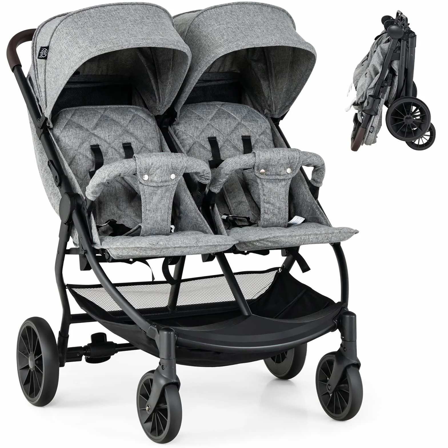 RELAX4LIFE Passeggino Gemellare Pieghevole in 1 Passo con Schienale 115°/145°/175° e Tettoie a 5 Livelli, Poggiapiedi Regolabile, Ruote 360°, Freno,Cintura a 5 Punti, 15+15KG (GRIGIO)