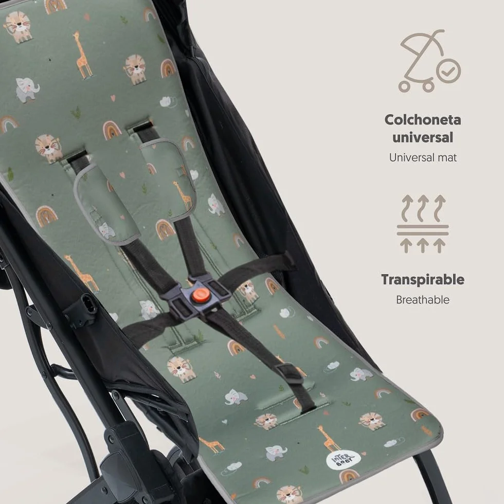 Interbaby Materassino per passeggino universale per estate | Safari verde | traspirante e confortevole | copertura per passeggino 100% cotone, 84 x 34 cm, protezioni per imbracatura