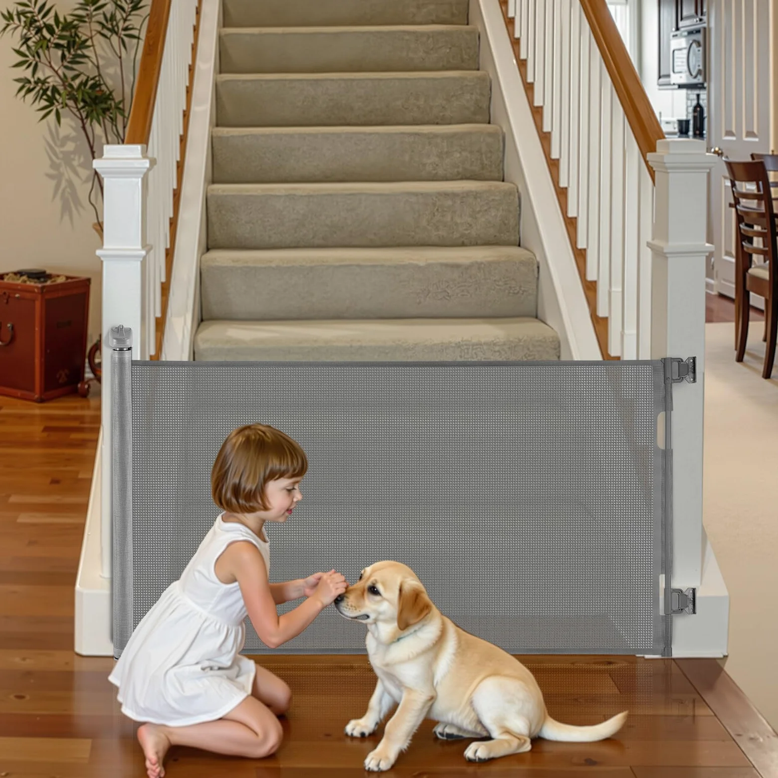 VEVOR Cancelletto Retrattile, Estensibile Fino a 1850 mm di Larghezza, 795 mm di Altezza, con Blocco di Sicurezza, Attraversabile Senza Inciampare, Cancelletto in Rete per Cani Scale, Grigio